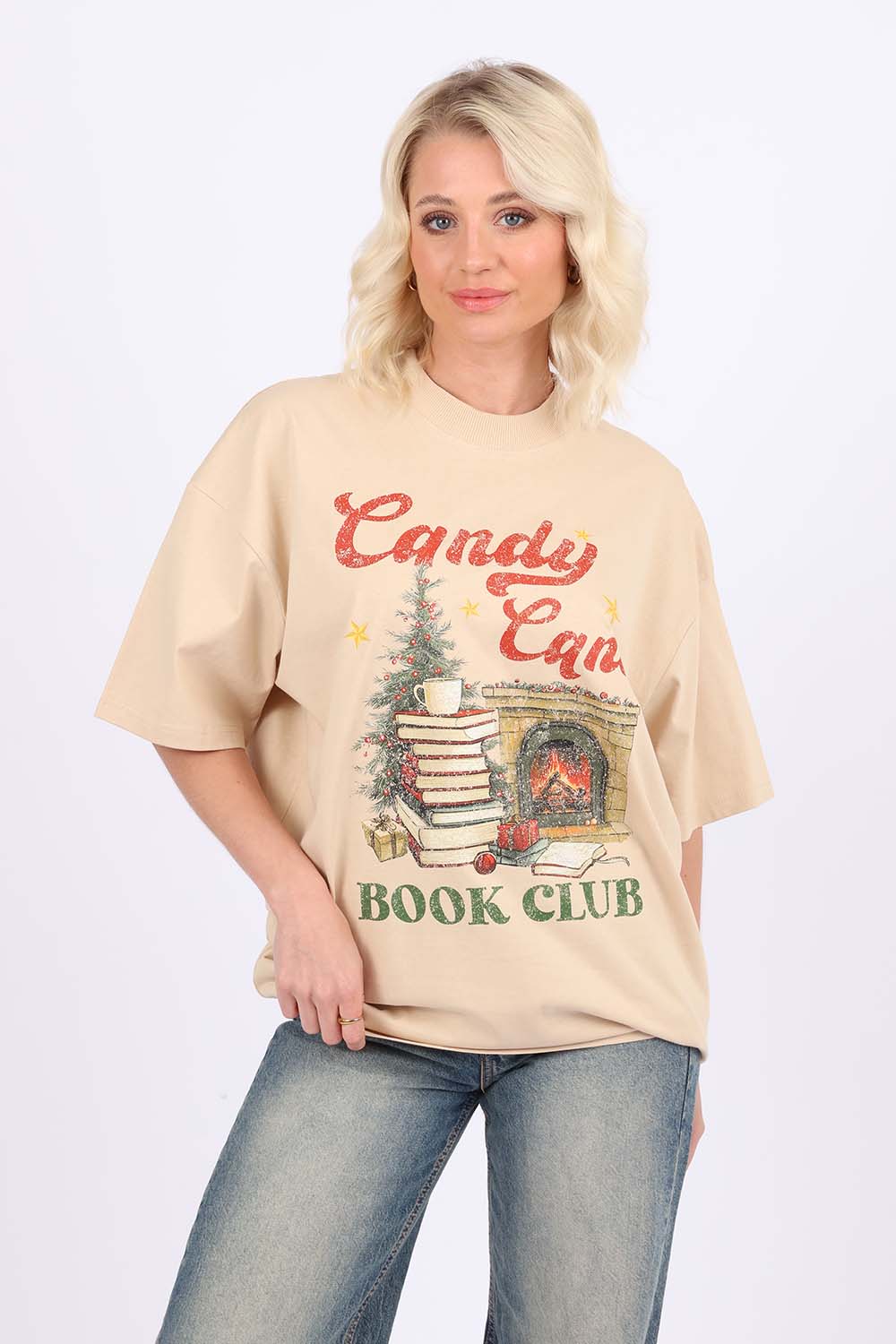 220GSM Oversize T-Shirt In Candy Cane Book Club Print