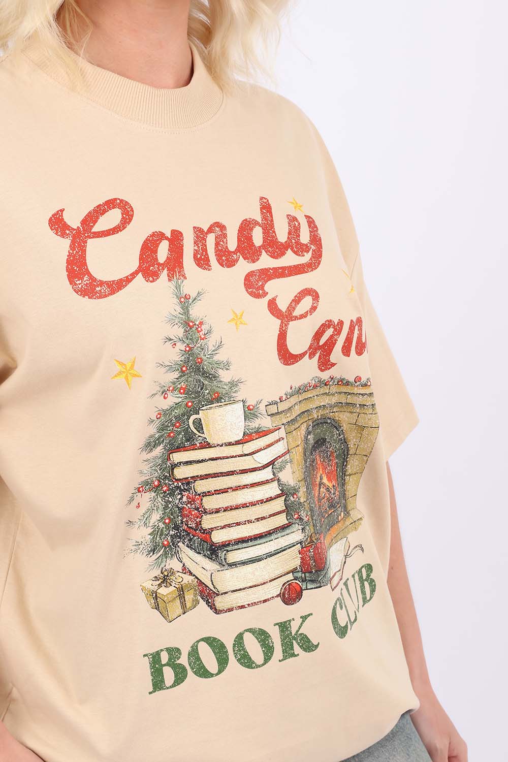 220GSM Oversize T-Shirt In Candy Cane Book Club Print