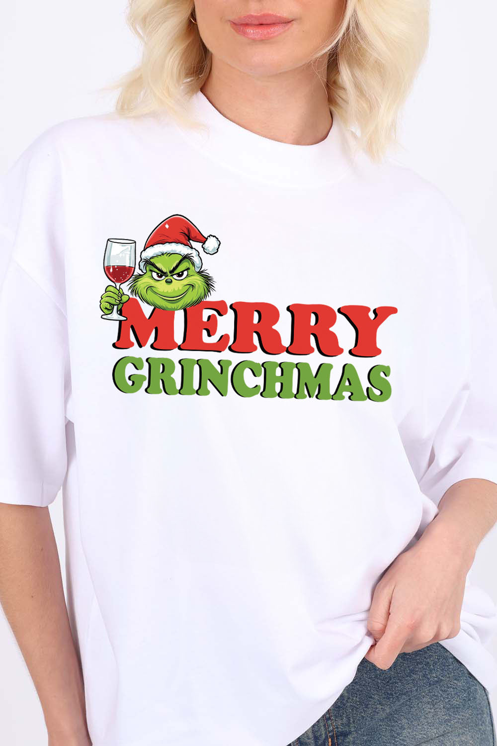 220GSM Oversize Christmas T-Shirt In Merry Grinchmas Print