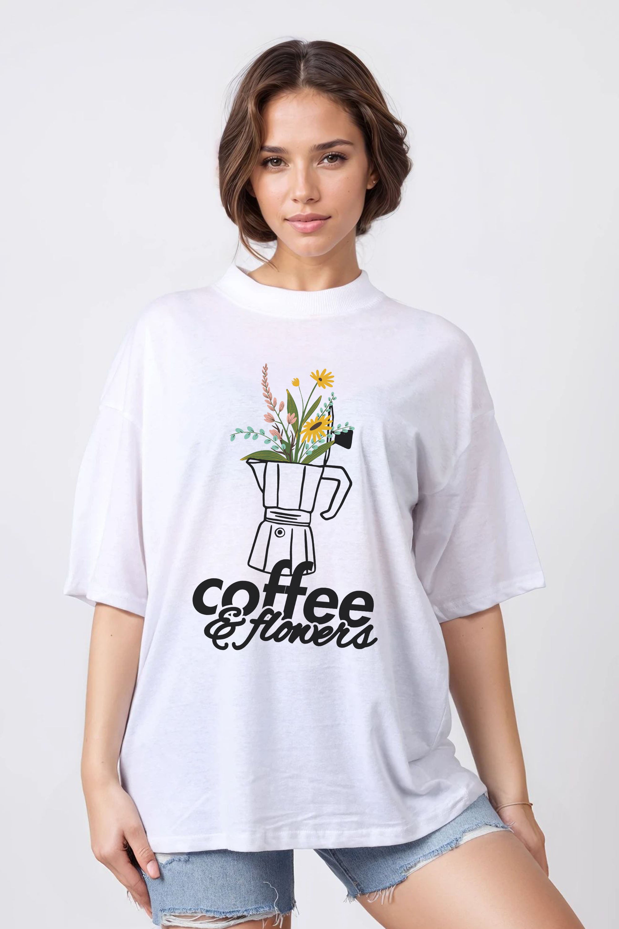 150GSM Oversized T-Shirt in Coffee and Flowers Print