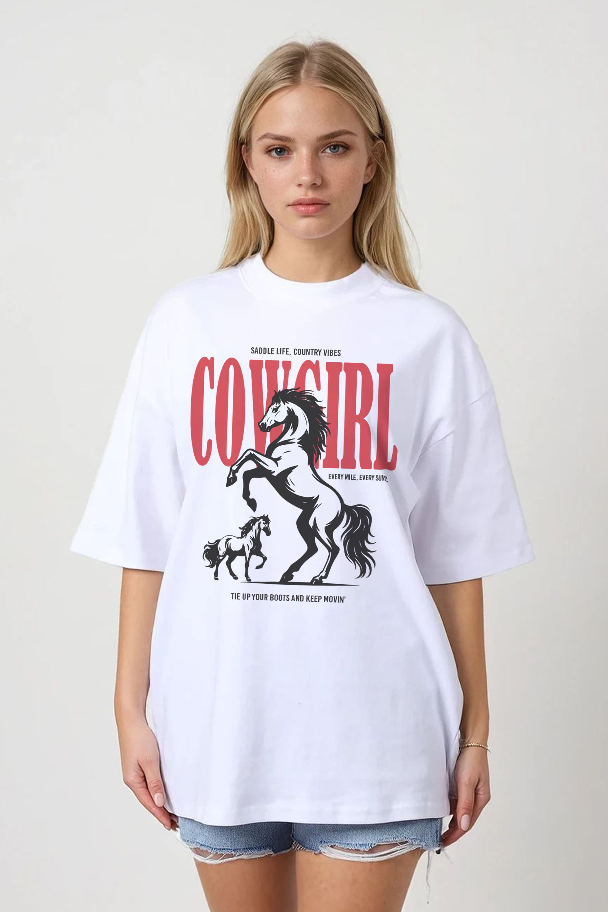 150GSM Oversized T-Shirt in Cowgirl Horse Print