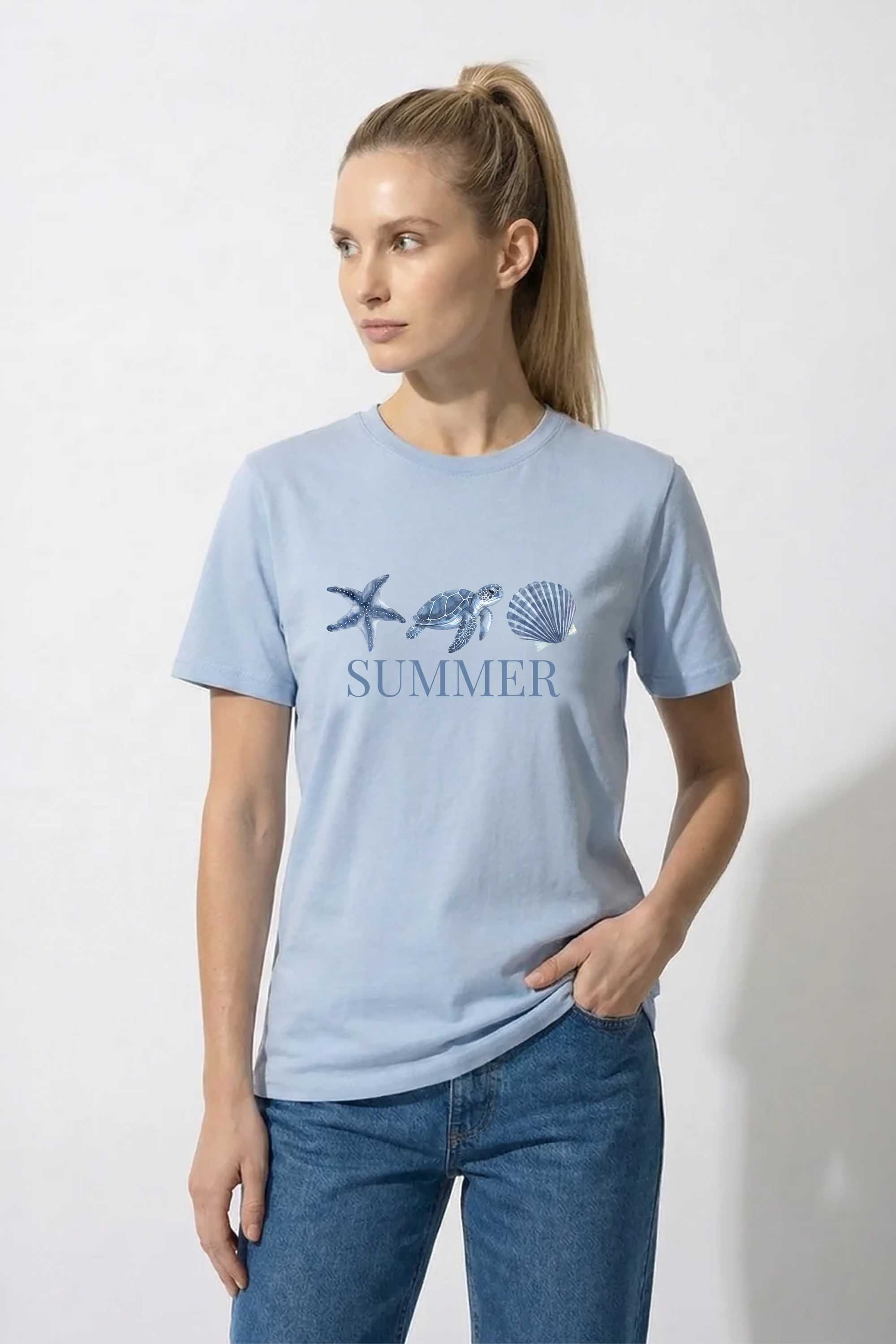 220GSM Regular FIt Summer Sea Shell Turtle Printed T-Shirt