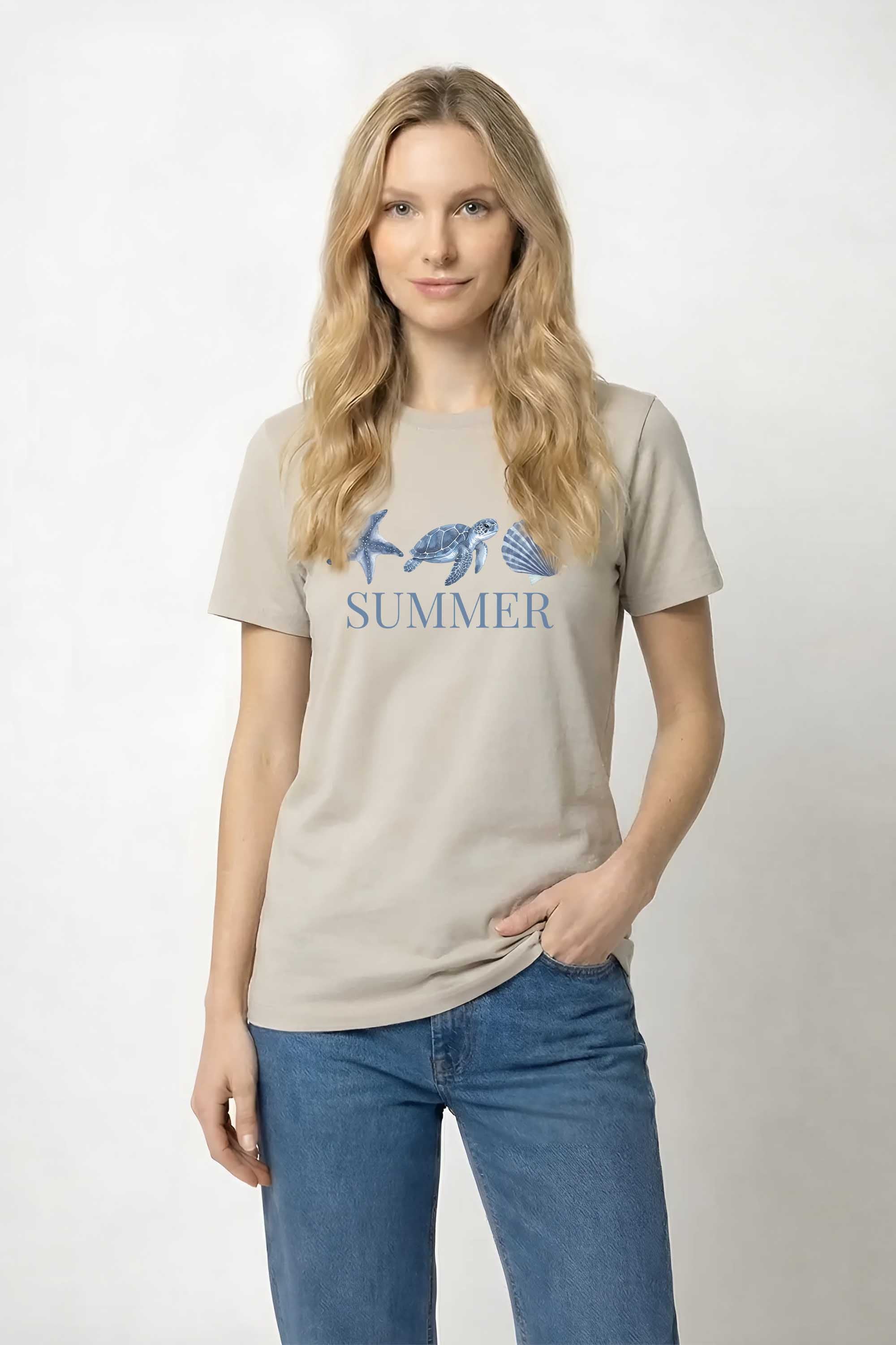 220GSM Regular FIt Summer Sea Shell Turtle Printed T-Shirt