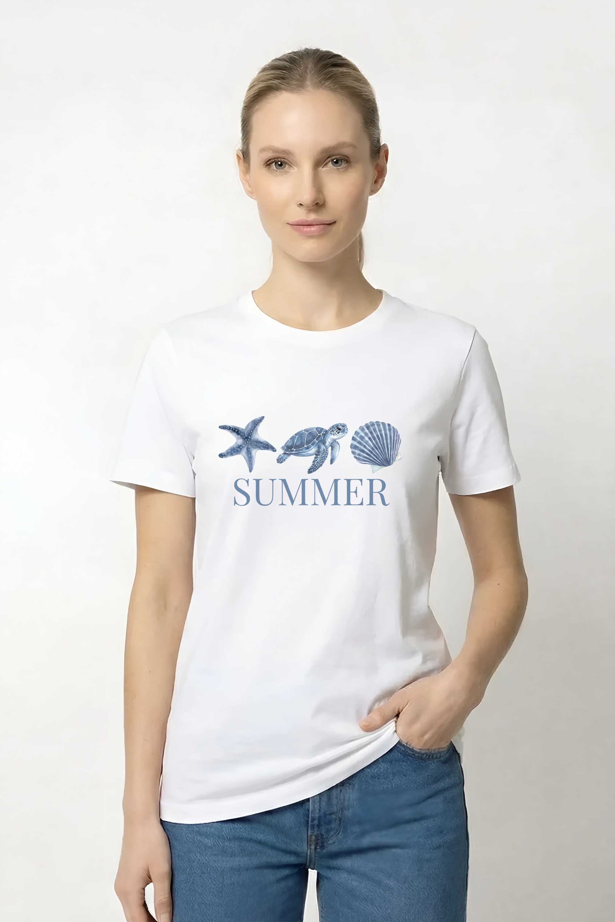 220GSM Regular FIt Summer Sea Shell Turtle Printed T-Shirt