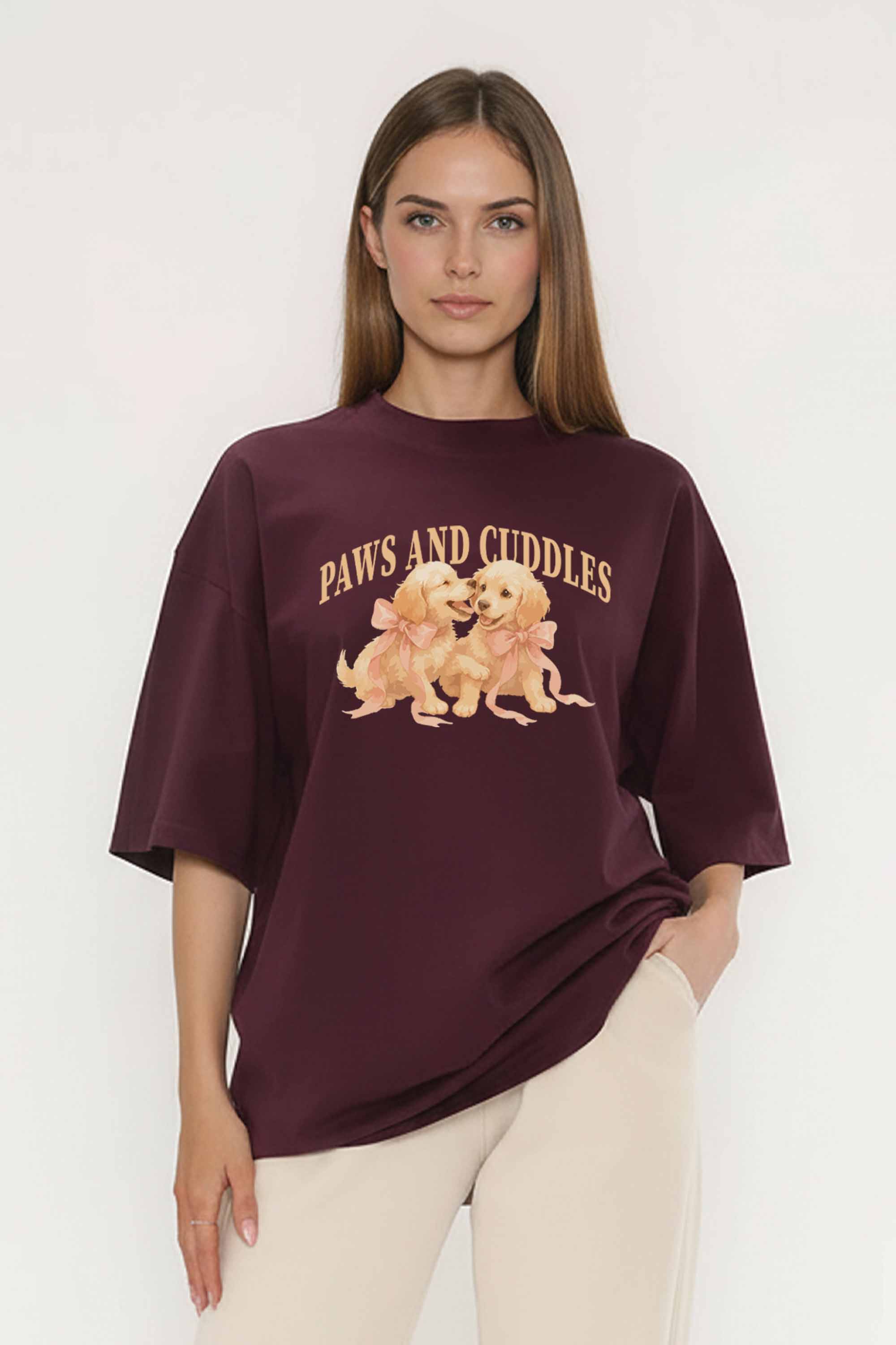 220GSM Oversized T-Shirt in Paws and Cuddles Puppies Print