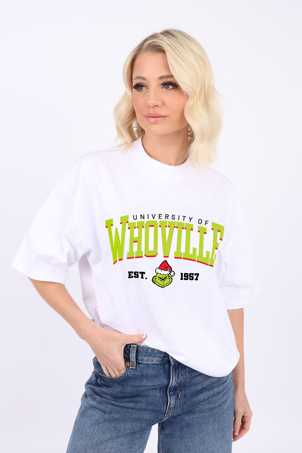 220GSM Oversize Christmas T-Shirt In Whoville University Print