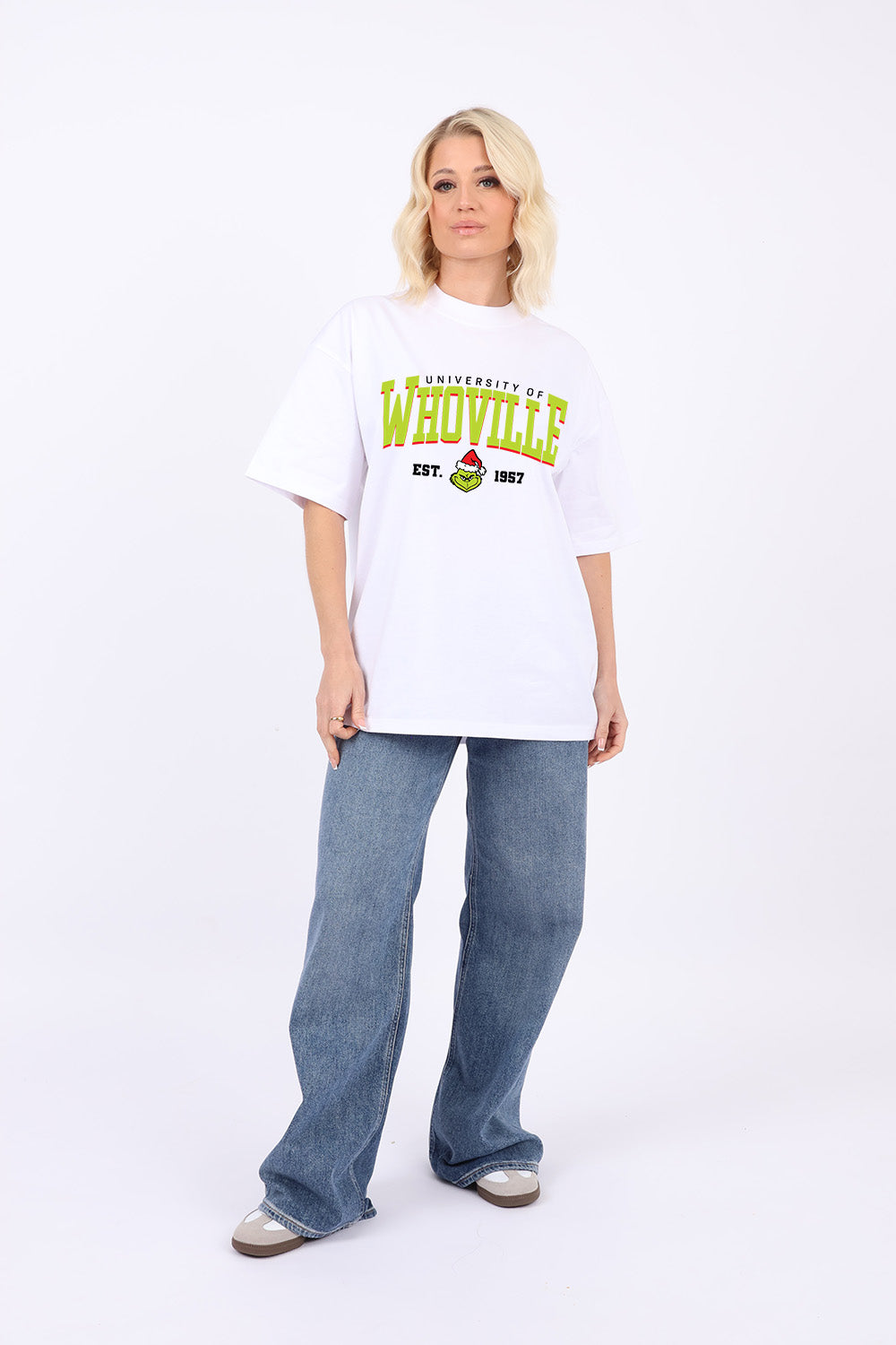 220GSM Oversize Christmas T-Shirt In Whoville University Print