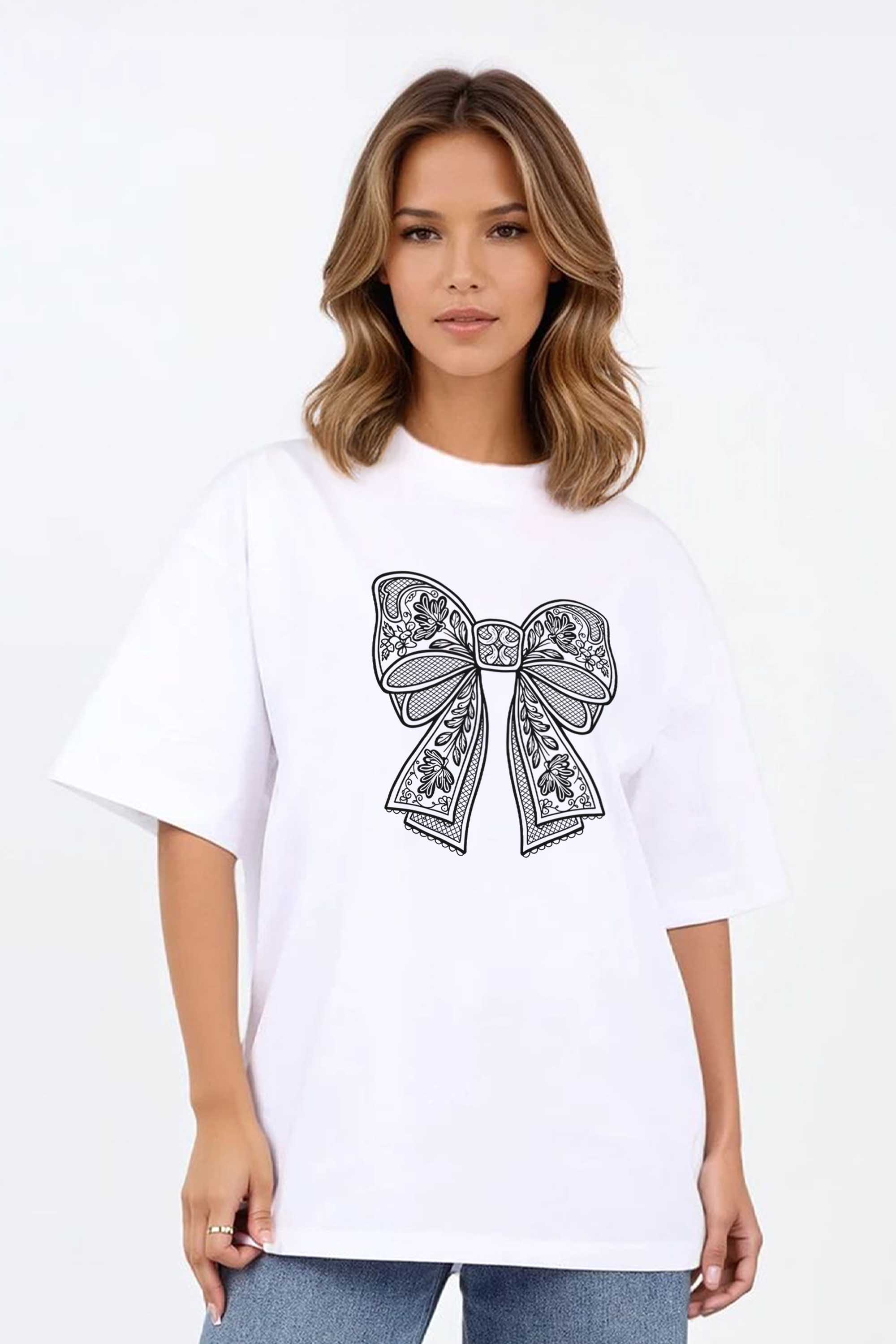220GSM Oversized T-Shirt in Lace Bow Print