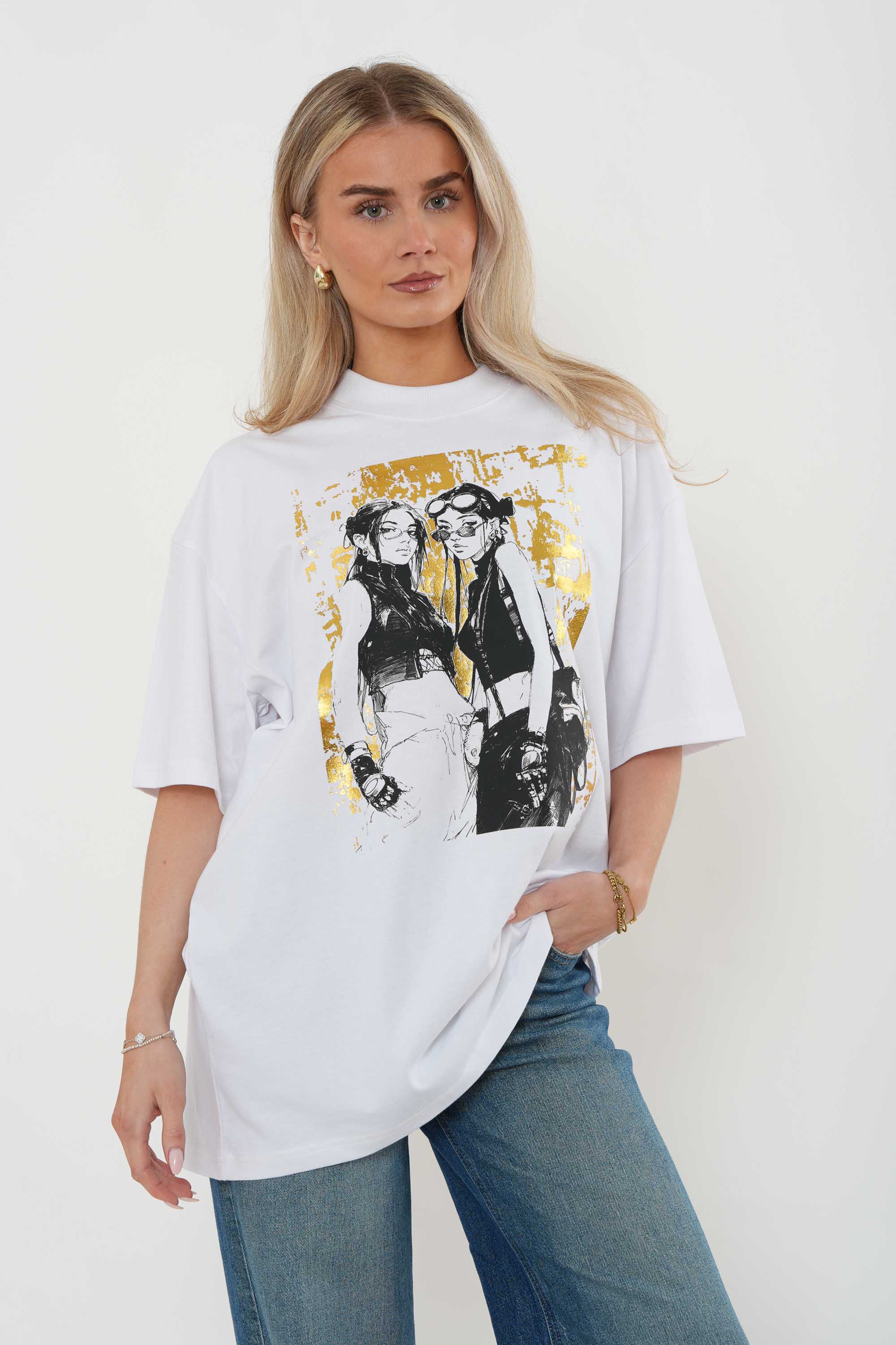 220GSM Oversized T-Shirt in Girls Gold Foil Print