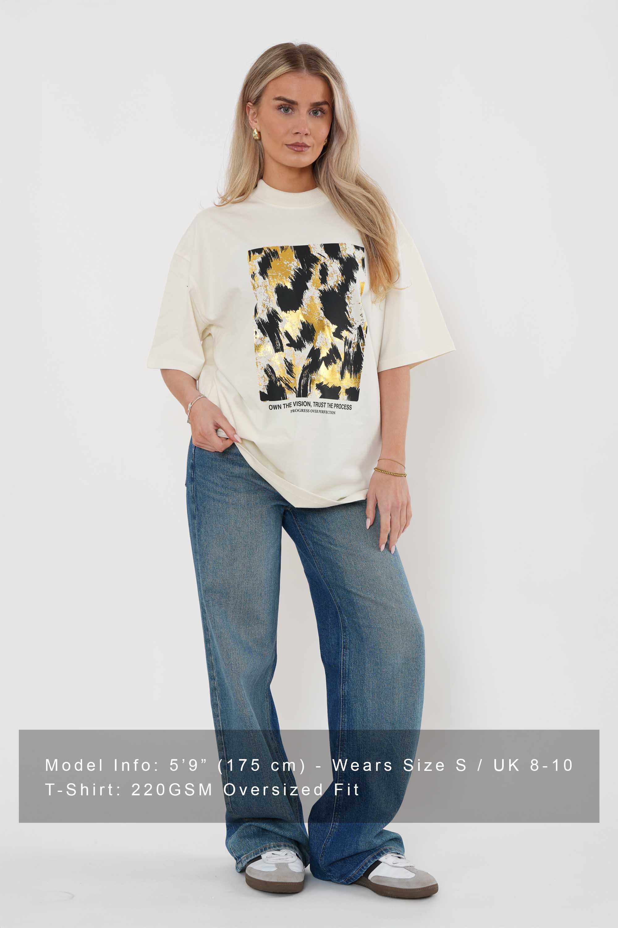 220GSM Oversized T-Shirt in Black & Gold Abstract Foil Print