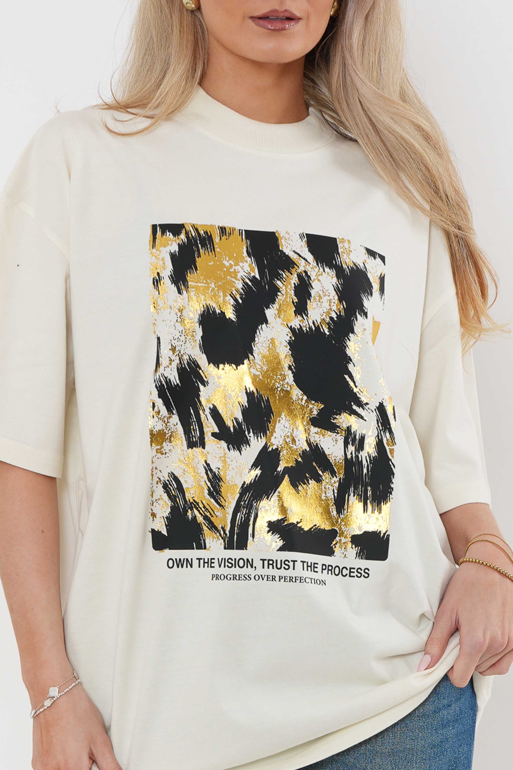 220GSM Oversized T-Shirt in Black & Gold Abstract Foil Print