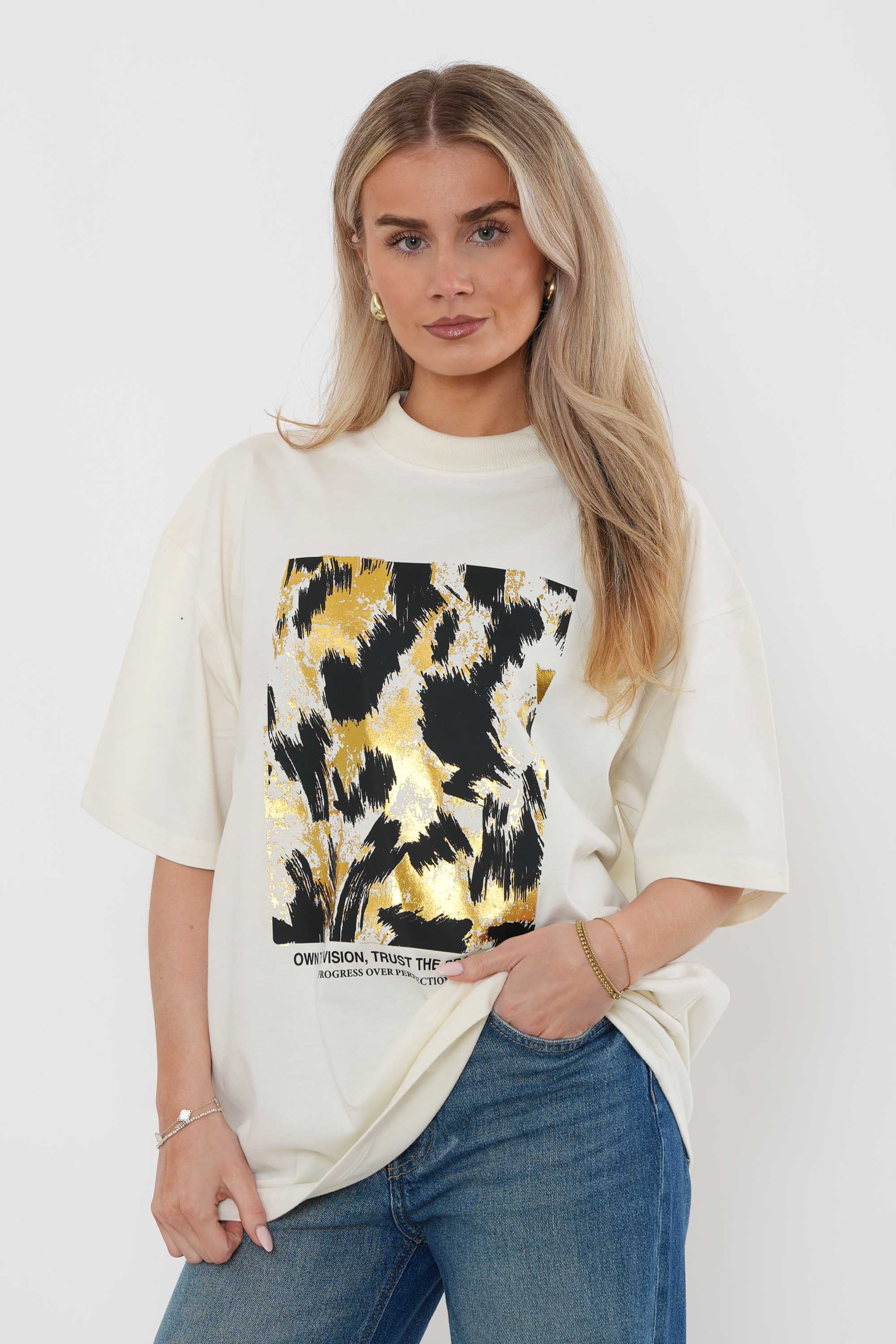220GSM Oversized T-Shirt in Black & Gold Abstract Foil Print