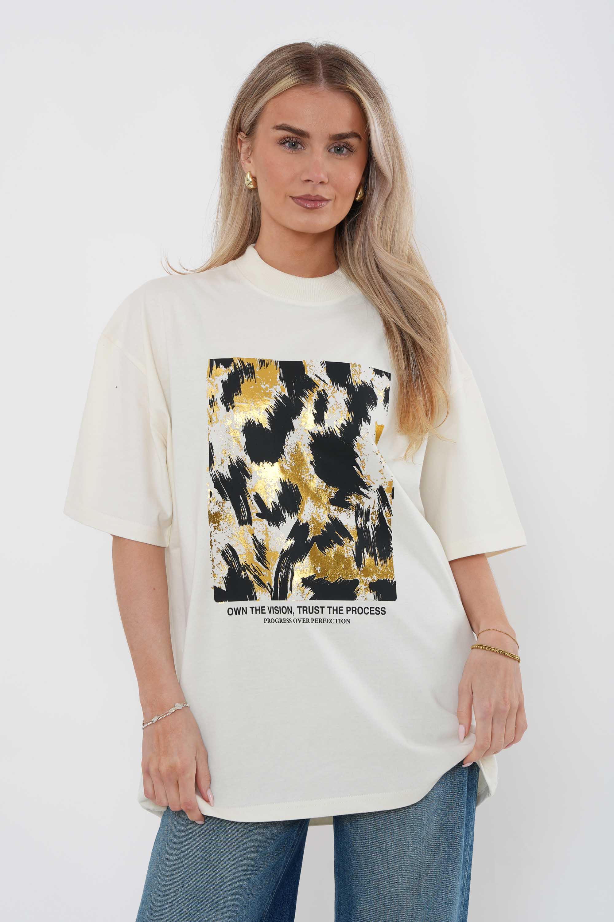 220GSM Oversized T-Shirt in Black & Gold Abstract Foil Print