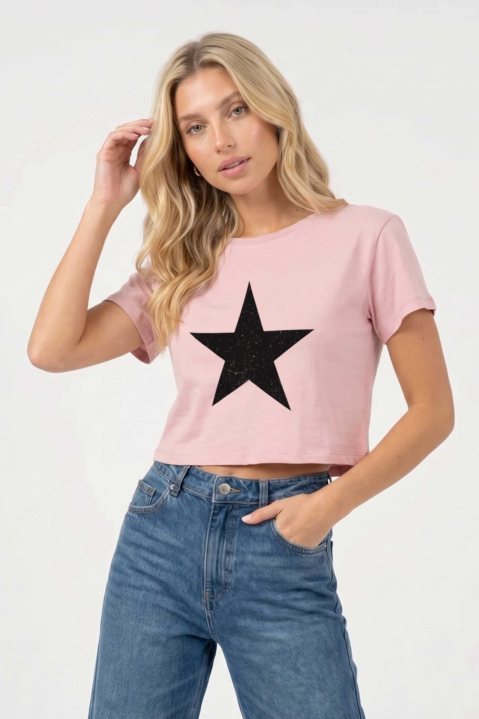Cropped T-shirt in Distressed Star Print