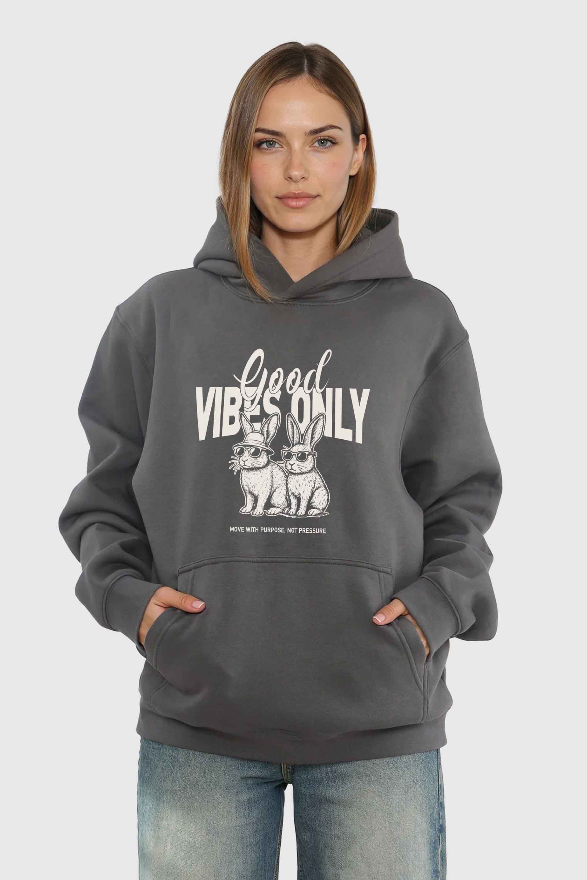 Unisex 280GSM Blended Good Vibes Only Bunny Printed Hoodie