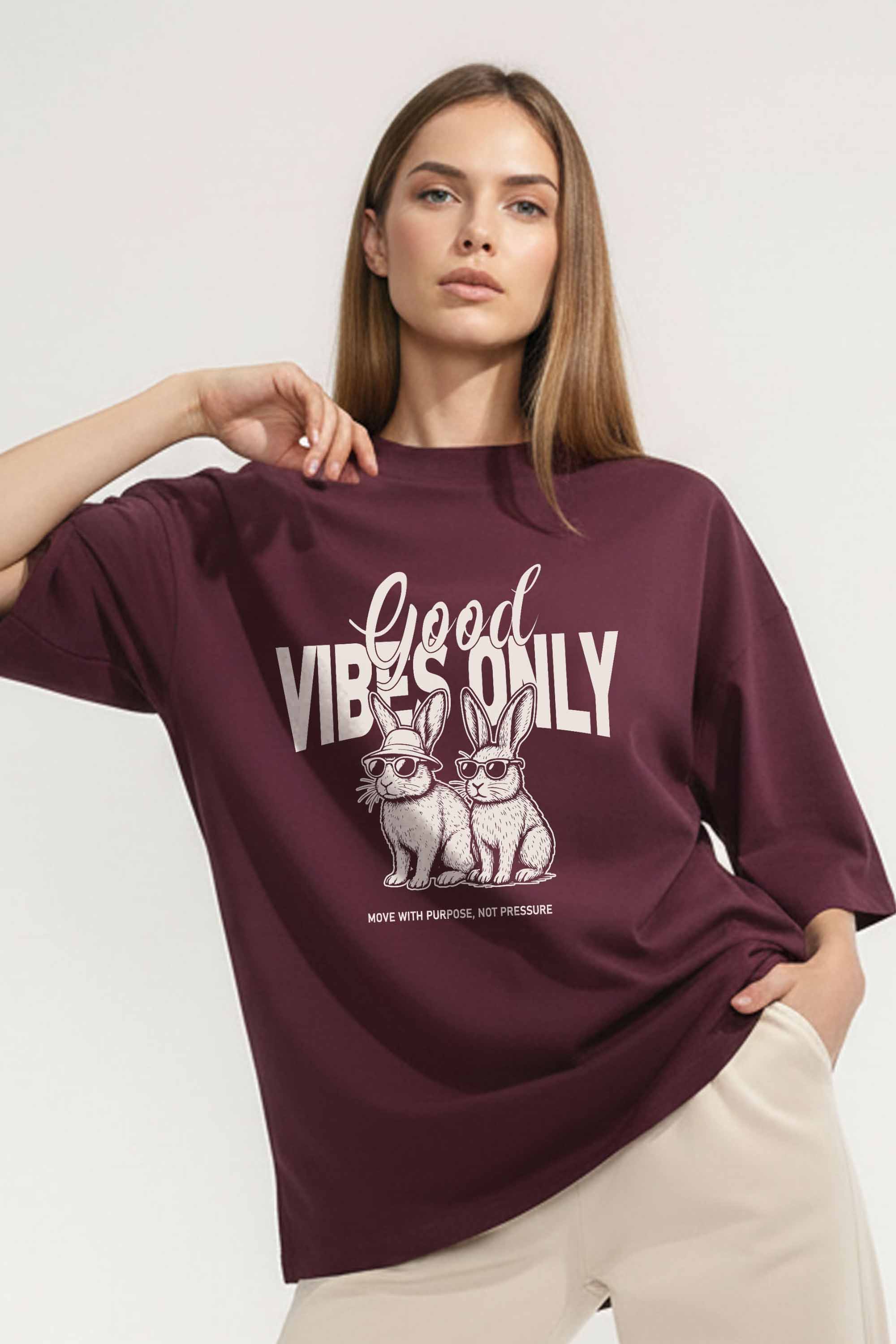 220GSM Oversized T-Shirt in Good Vibes Only Bunny Print