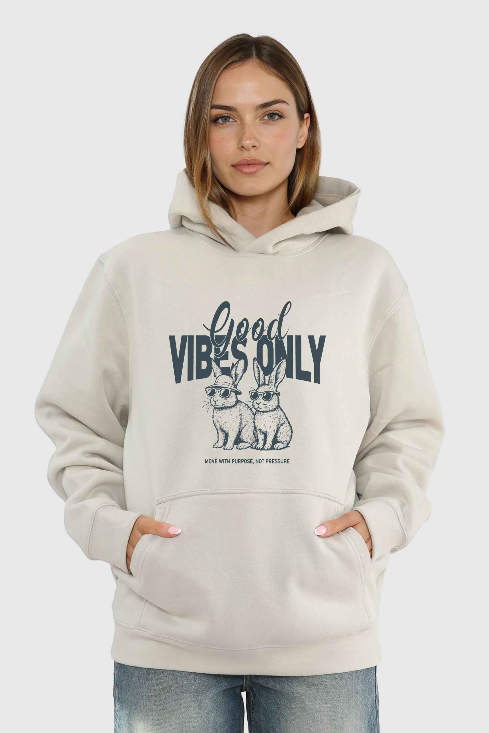 Unisex 280GSM Blended Good Vibes Only Bunny Printed Hoodie