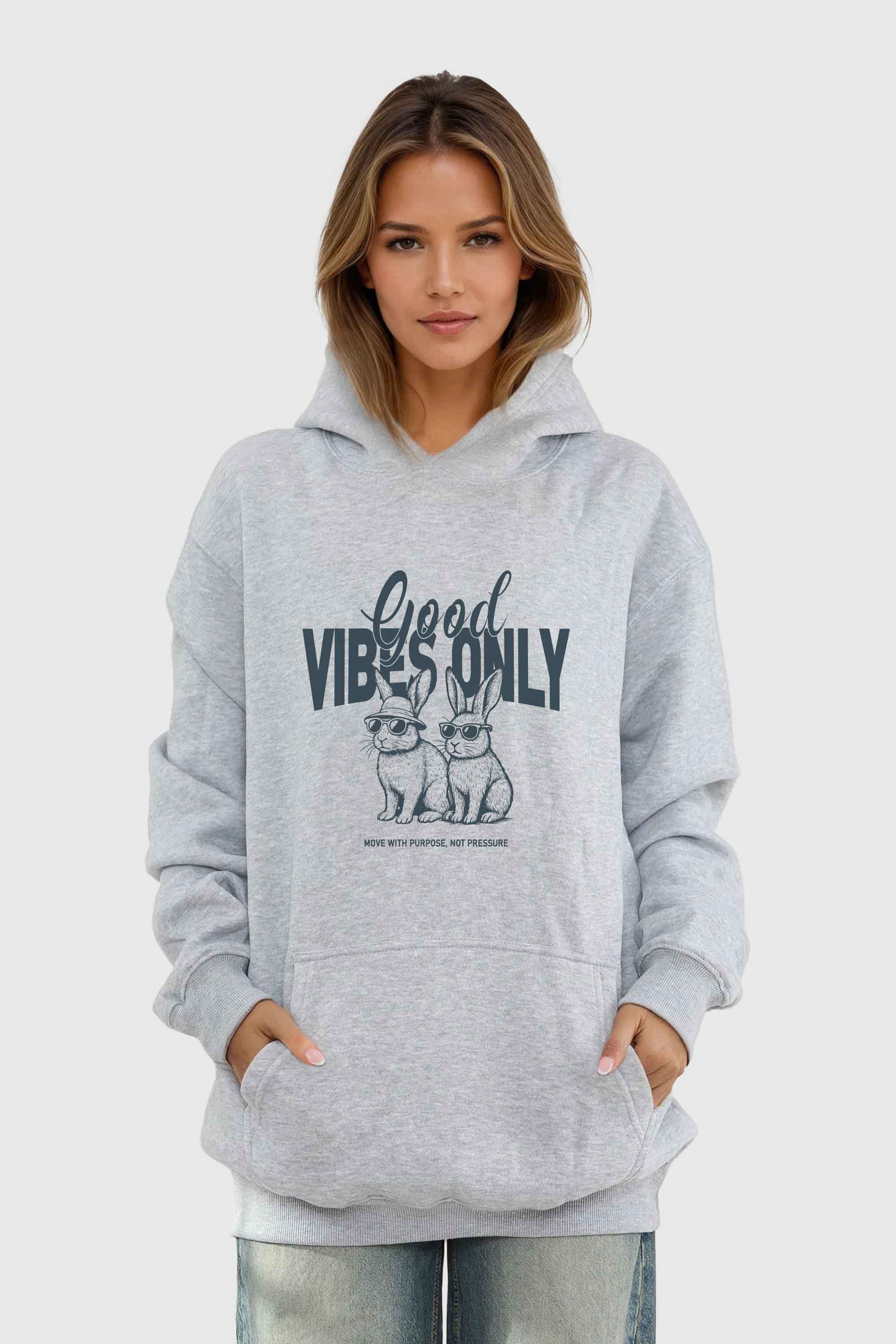 Unisex 280GSM Blended Good Vibes Only Bunny Printed Hoodie