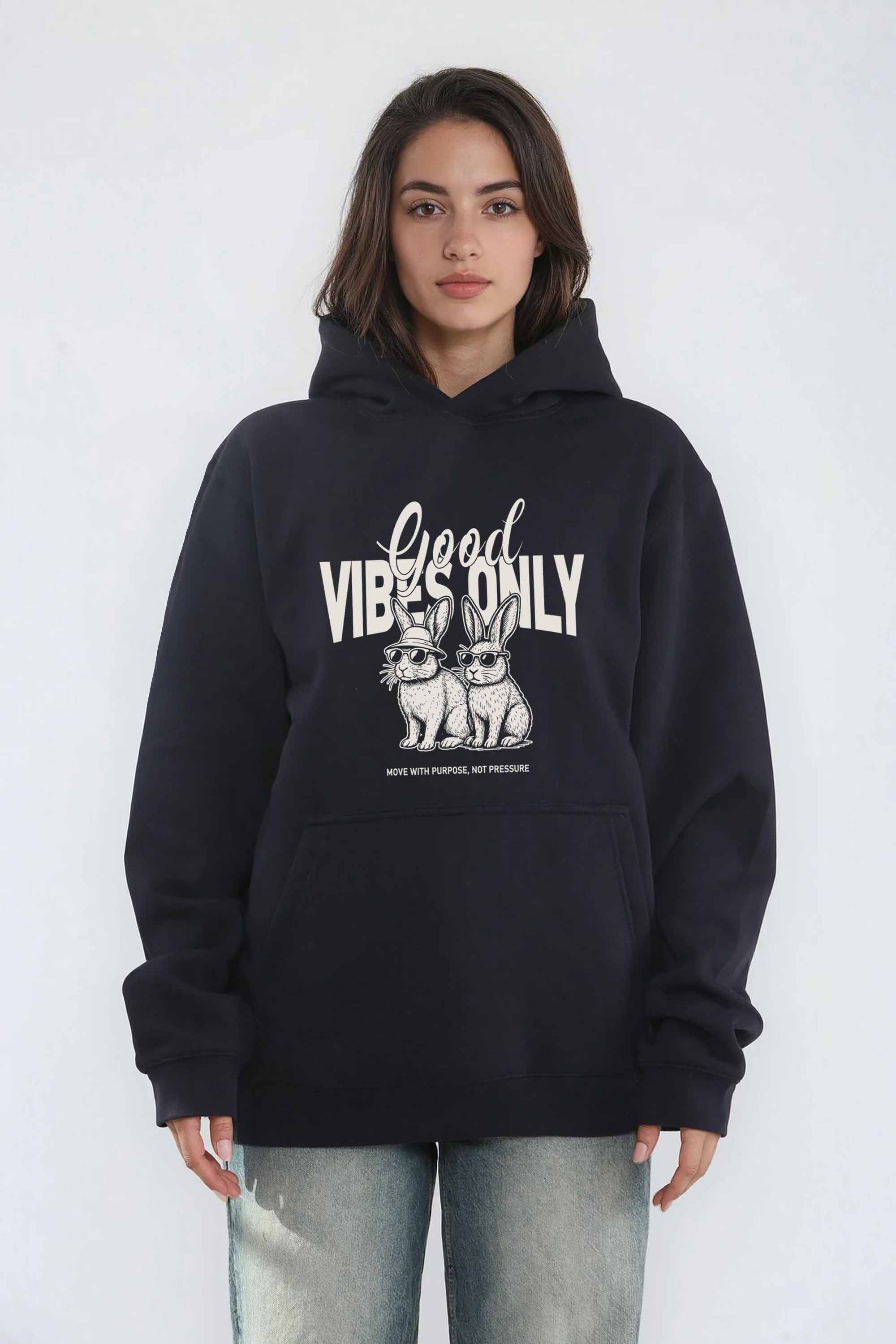 Unisex 280GSM Blended Good Vibes Only Bunny Printed Hoodie