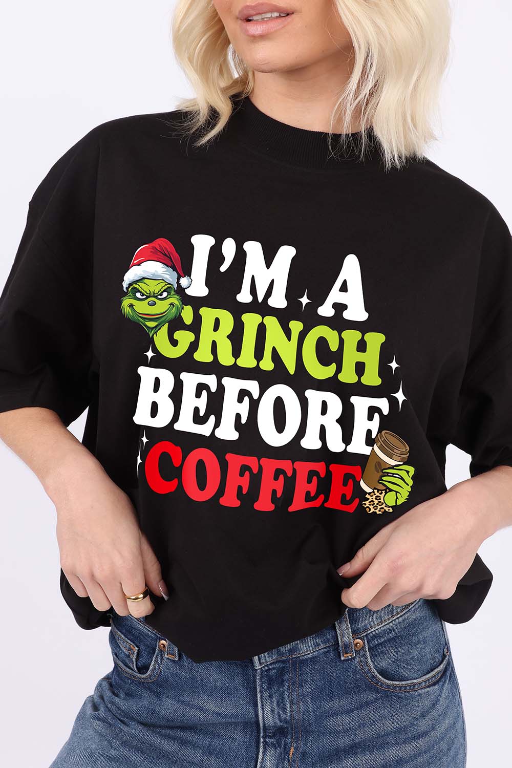 220GSM Oversize Christmas T-Shirt In Grinch Before Coffee Print