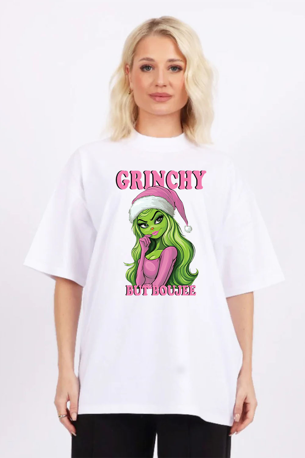 220GSM Oversize Christmas T-Shirt In Grinchy But Boujee Print