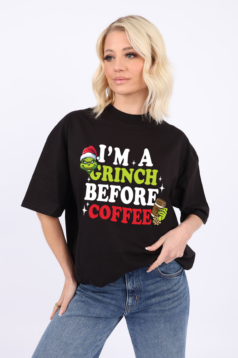 220GSM Oversize Christmas T-Shirt In Grinch Before Coffee Print