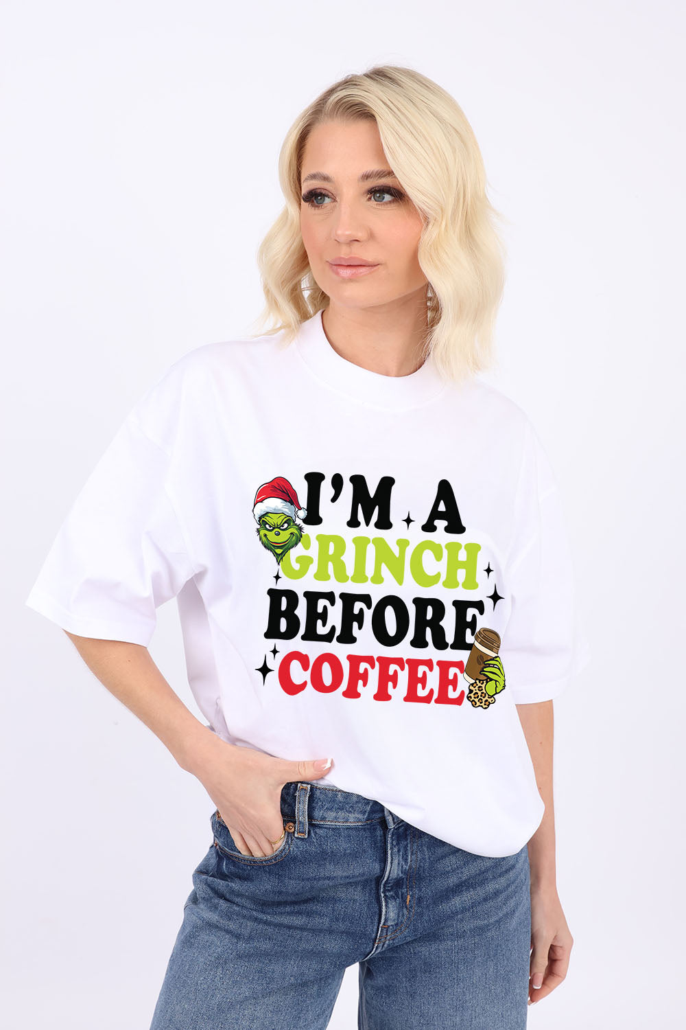 220GSM Oversize Christmas T-Shirt In Grinch Before Coffee Print