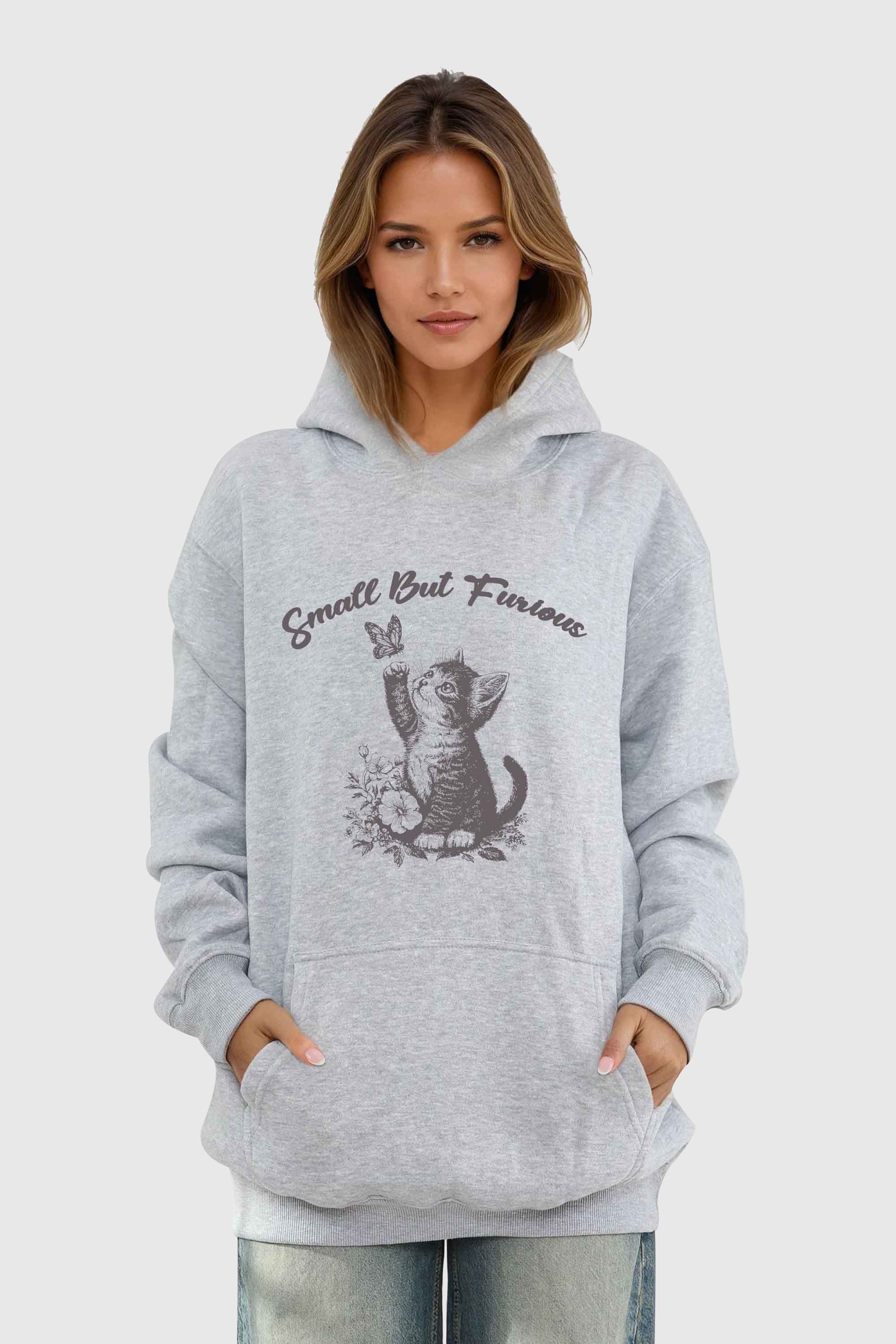 Unisex 280GSM Blended Small But Furious Cat Printed Hoodie