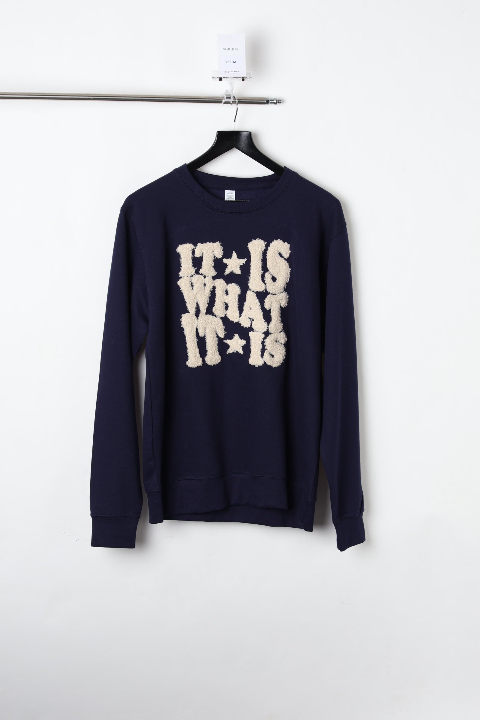 It is What is is Laser-Cut Bouclé Appliqué Navy Sweatshirt (Size M) – Sample