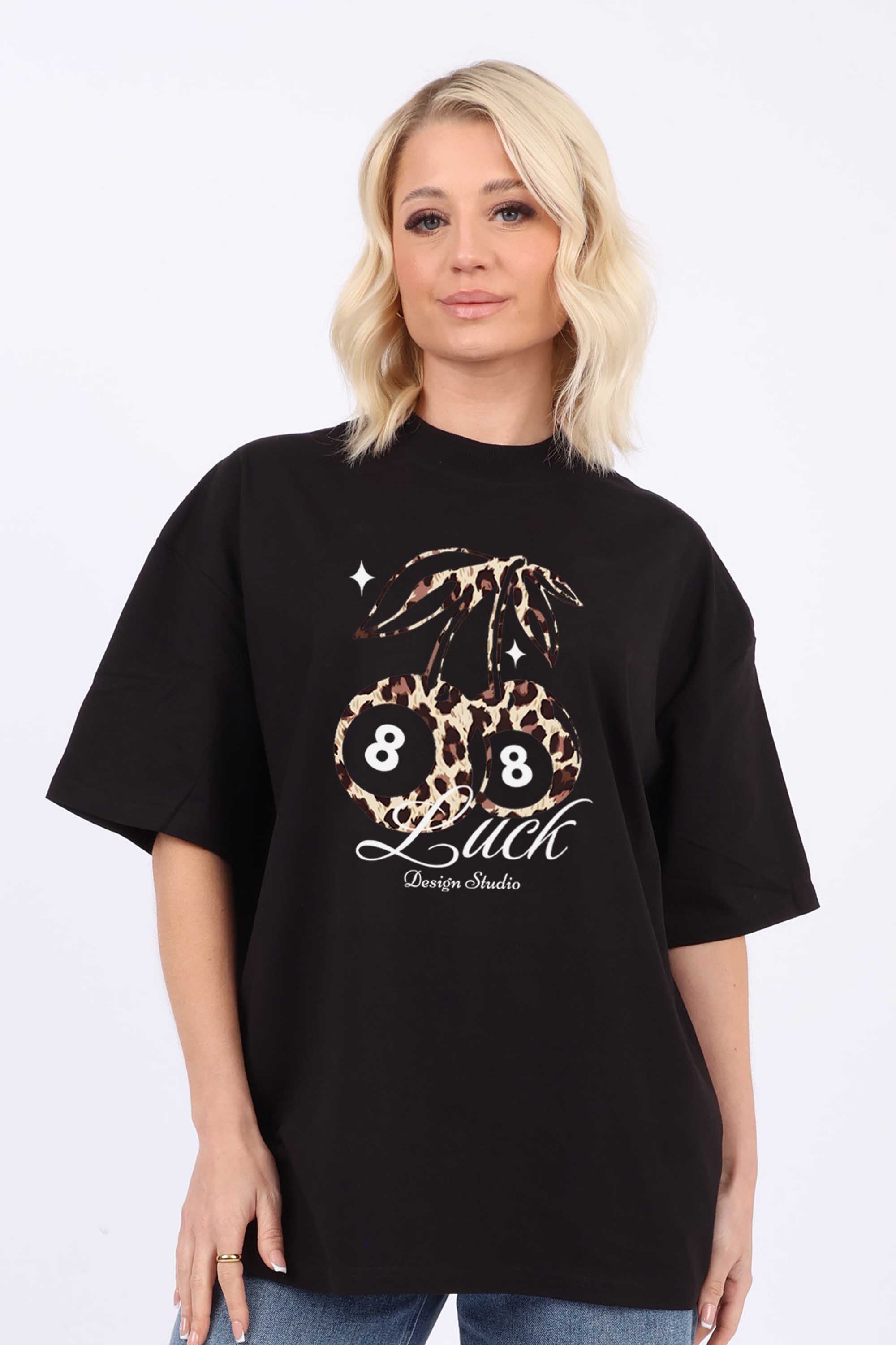 220GSM Oversized T-Shirt in Leopard Cherry Luck Print