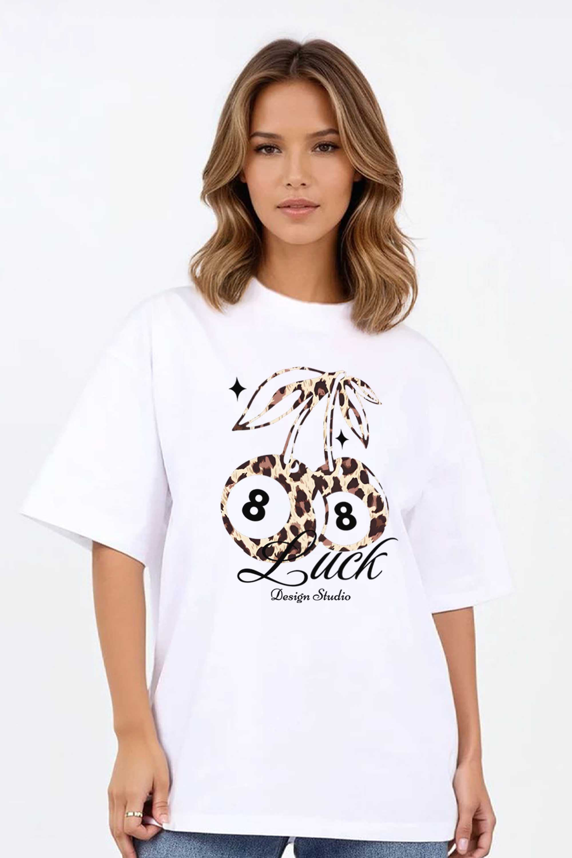 220GSM Oversized T-Shirt in Leopard Cherry Luck Print