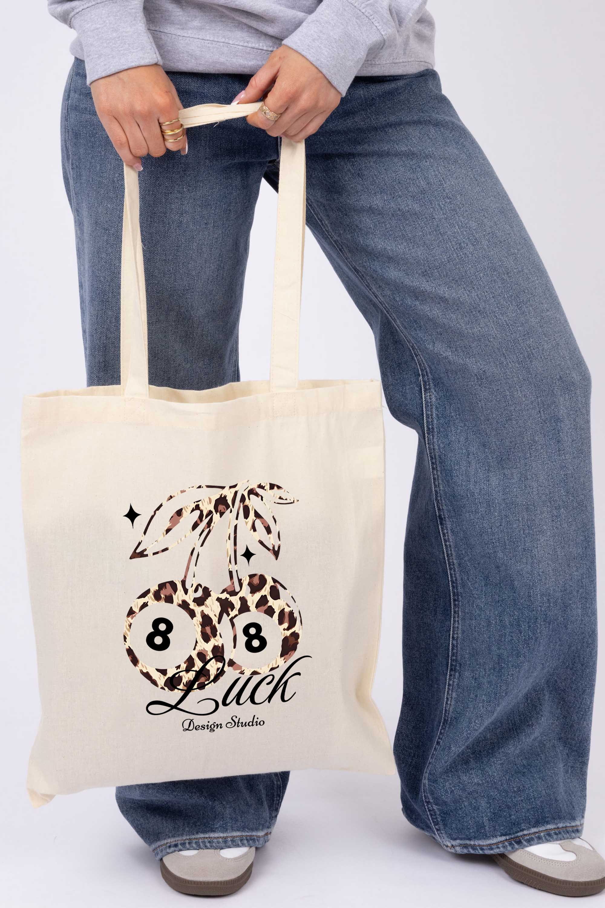 Leopard Cherry Luck Graphic Printed Cotton Tote Bag