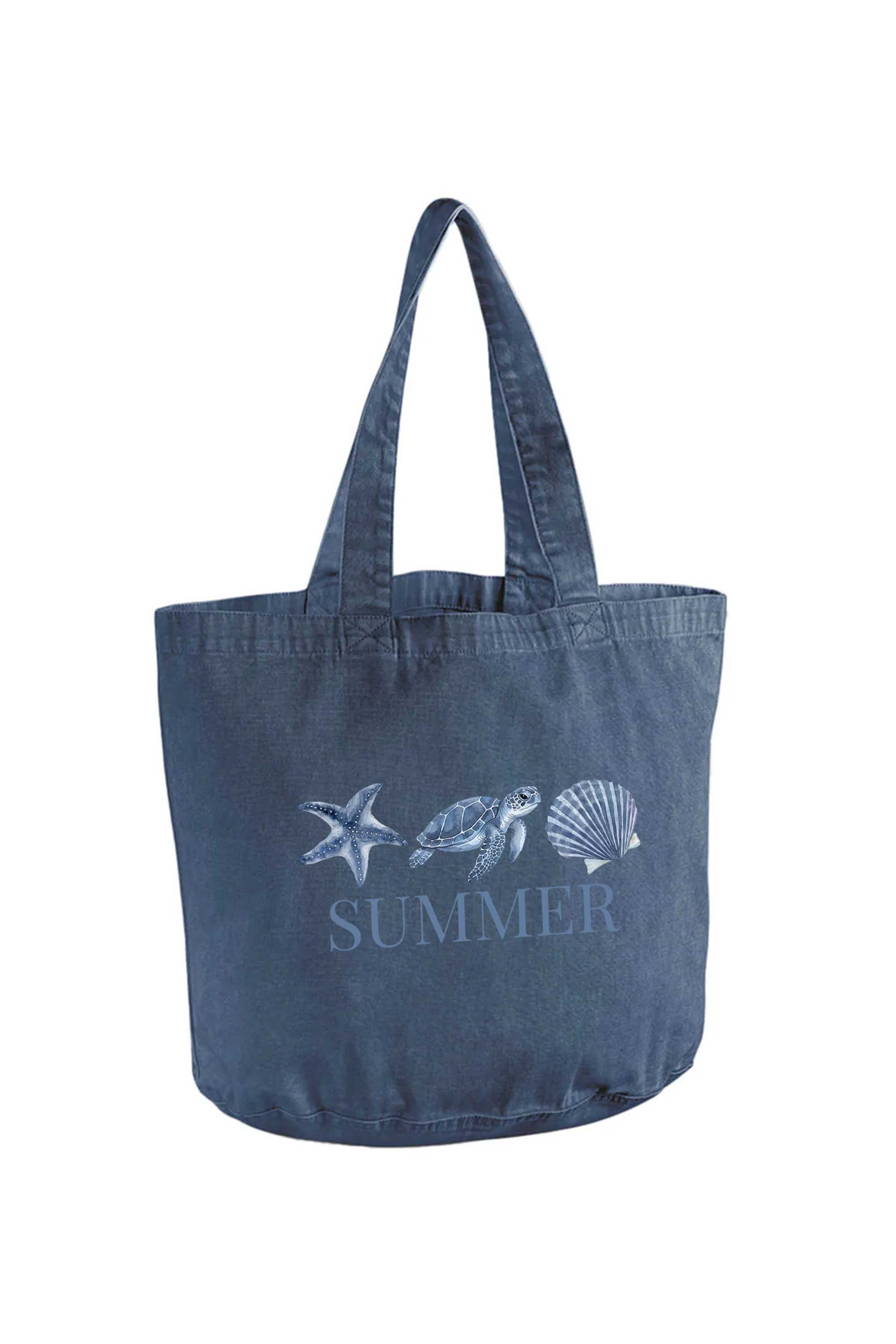 340gsm Acid Washed Oversized Summer Seashell Turtle Printed Cotton Tote Bag