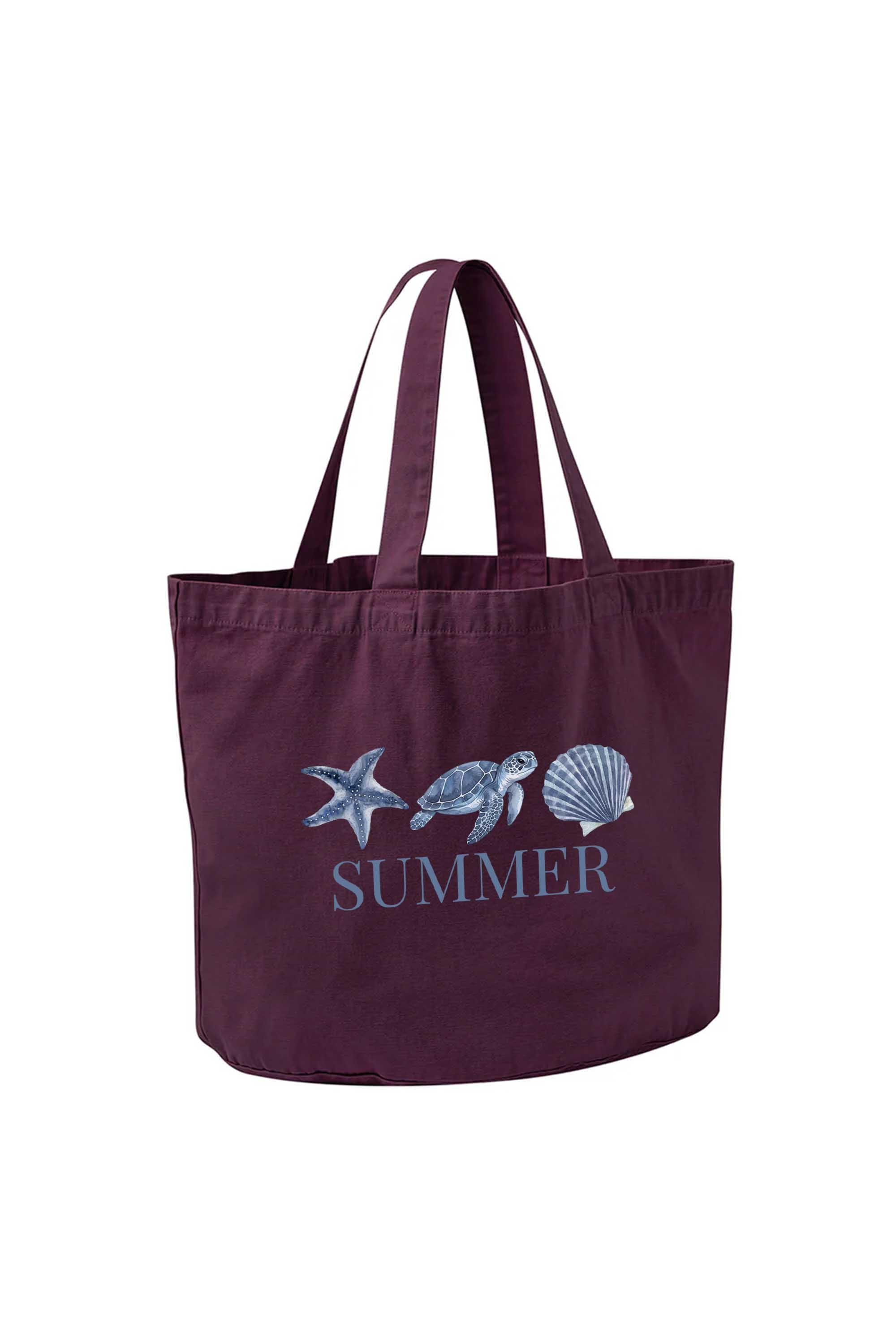 340gsm Acid Washed Oversized Summer Seashell Turtle Printed Cotton Tote Bag