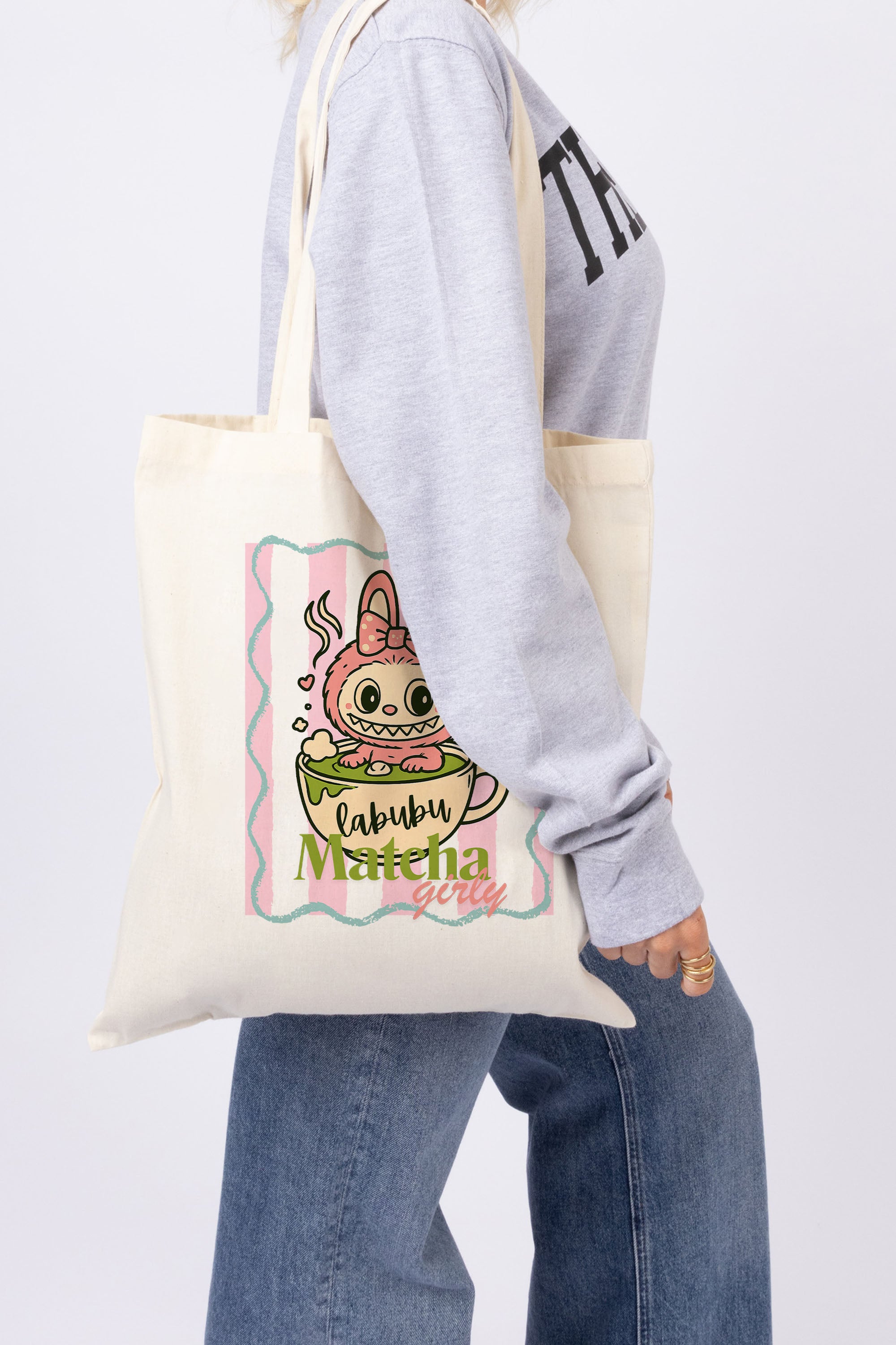 Labubu Matcha Girly Printed Cotton Tote Bag