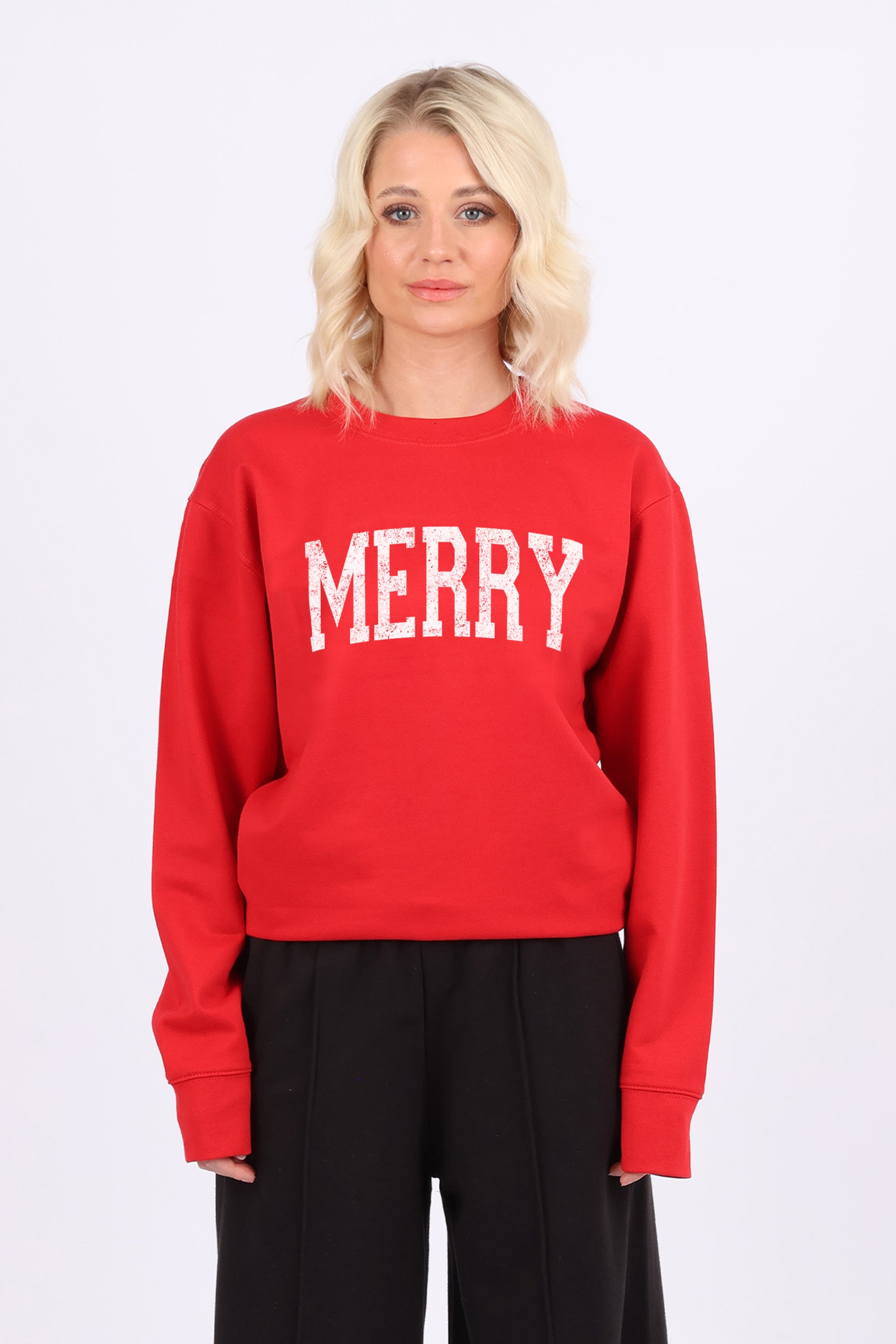 Basic Crew Neck Merry Christmas Printed Sweatshirt