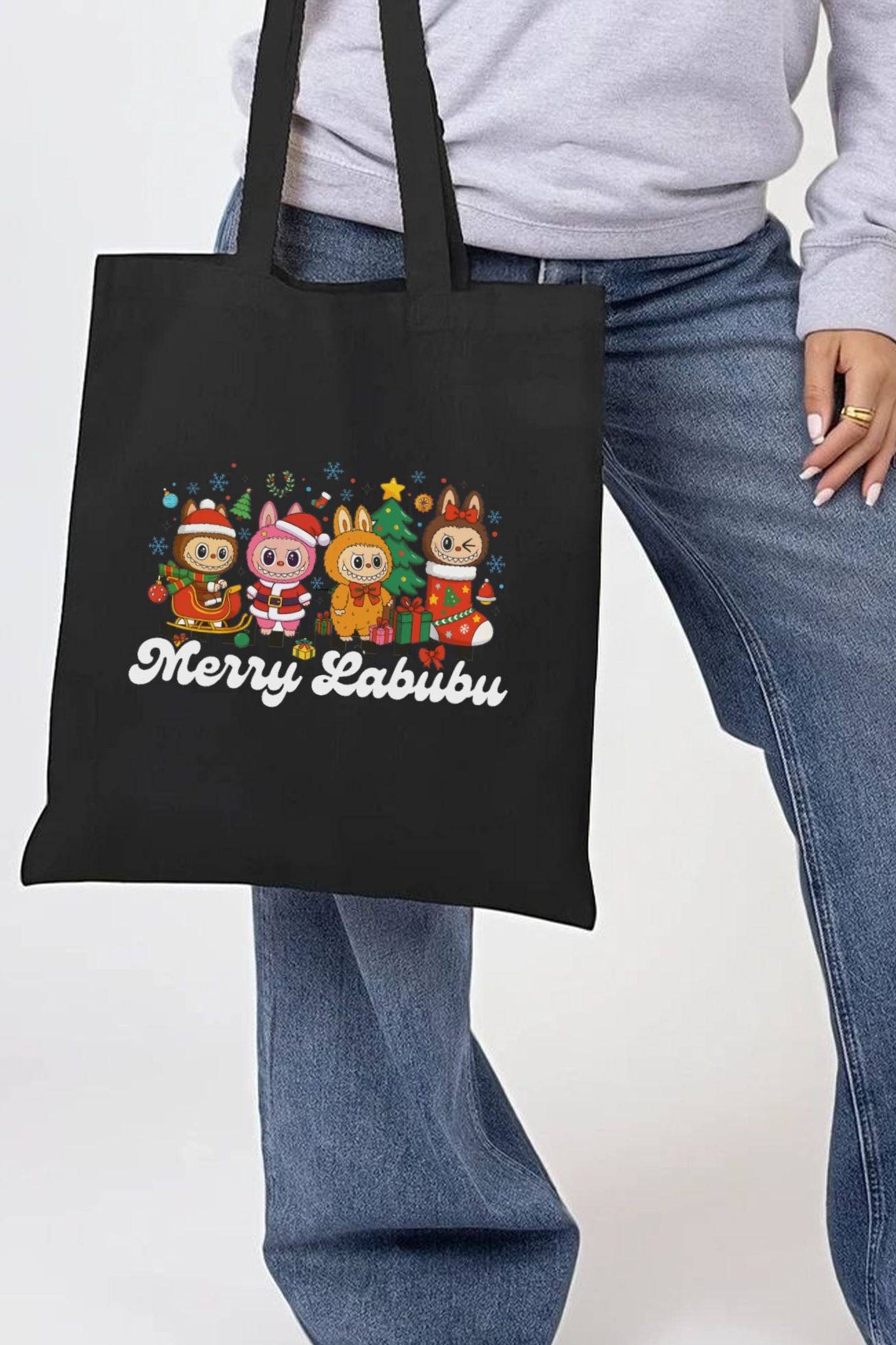 Merry Labubu Christmas Printed Cotton Tote Bag