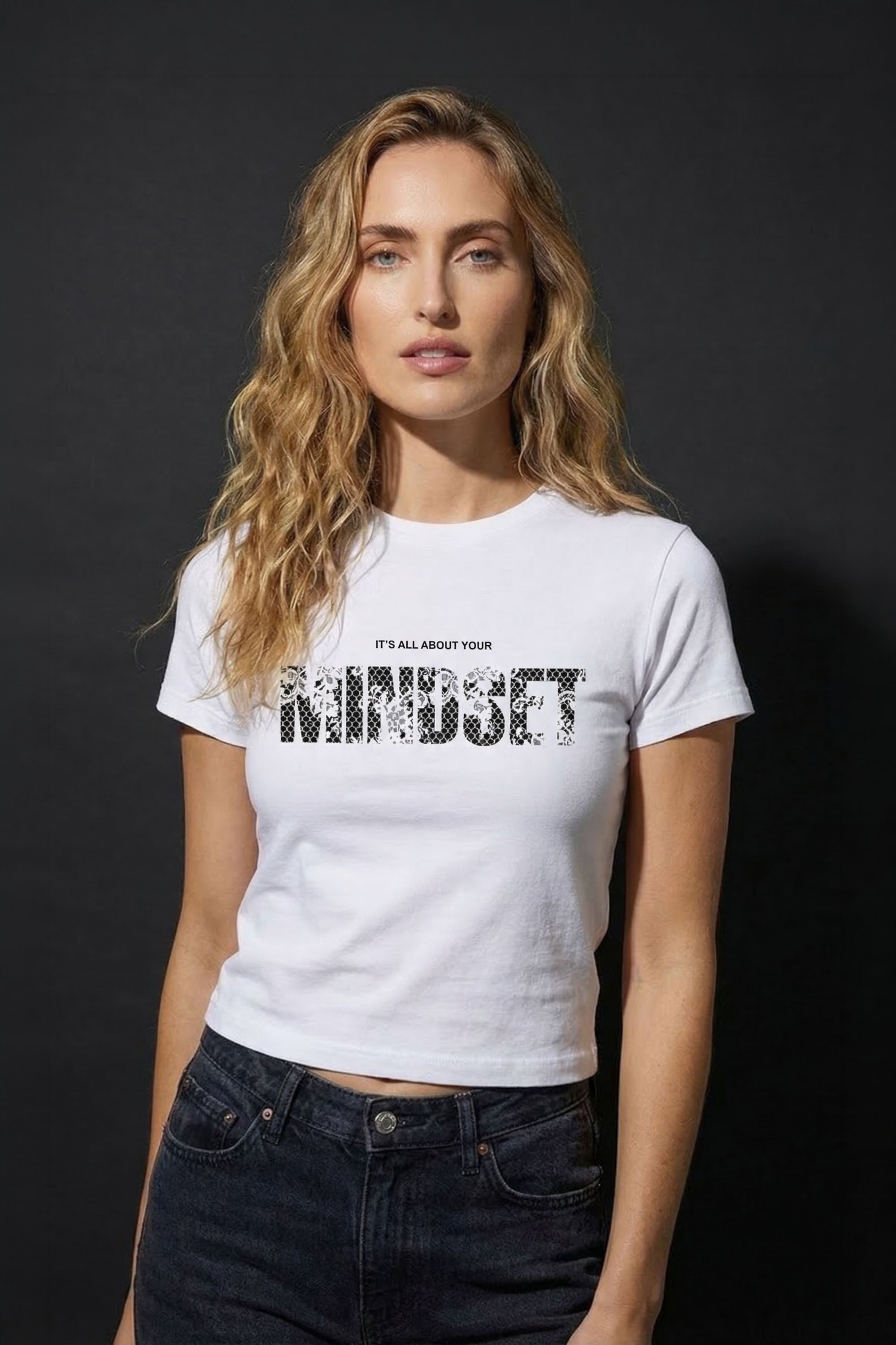 220GSM Lace Printed Mindset Quote Graphic Baby Tee (Pack of 6)