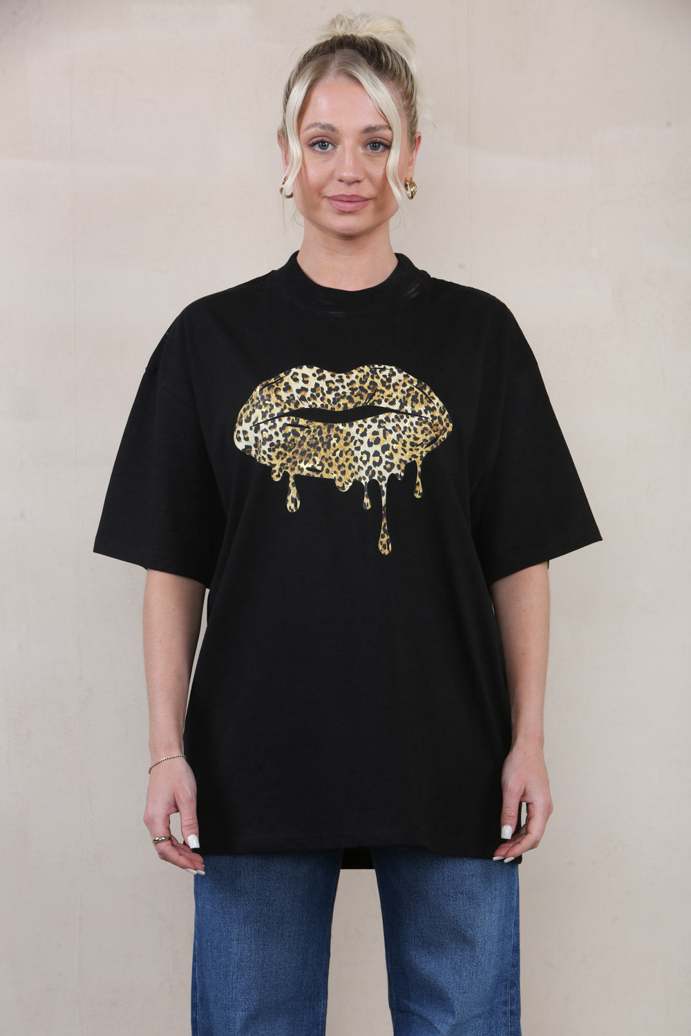 220GSM Oversize T-Shirt In Leopard Lips Foil Print