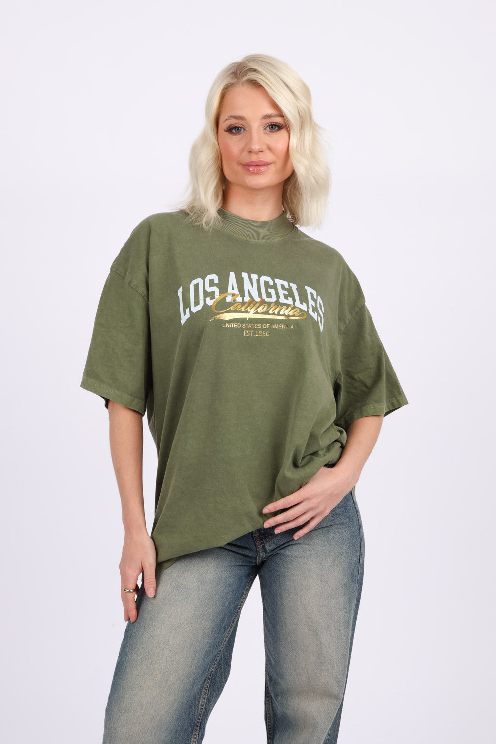 220GSM Oversize Acid Washed T-Shirt In Los Angeles California Foil Print