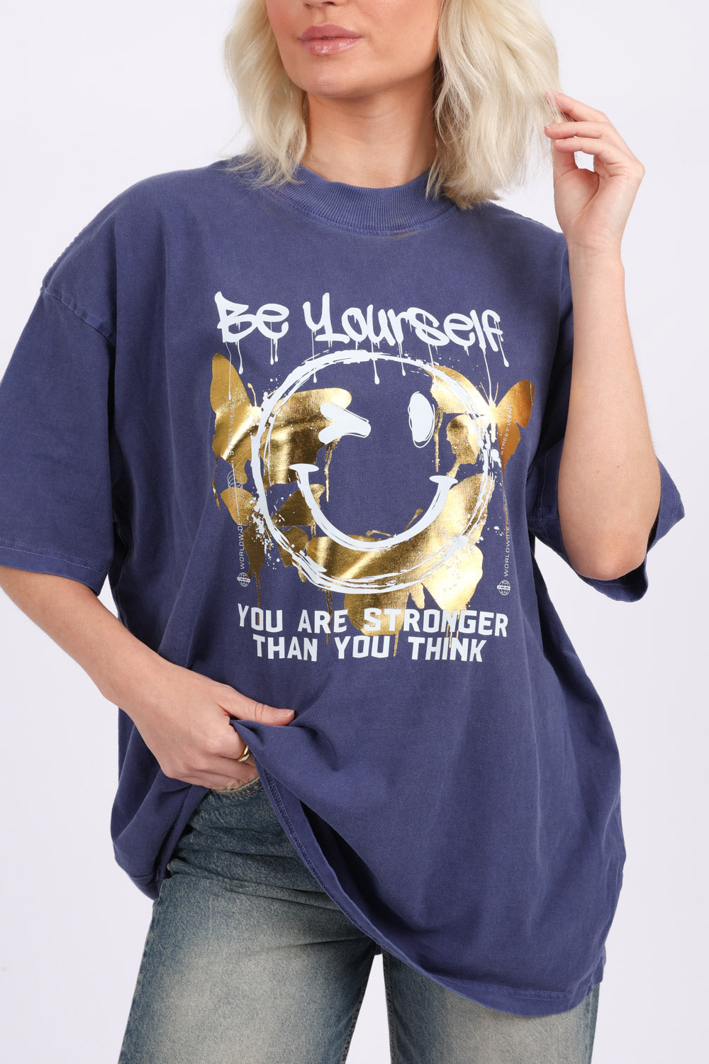 220GSM Oversize Acid Washed T-Shirt In Be Yourself Foil Print