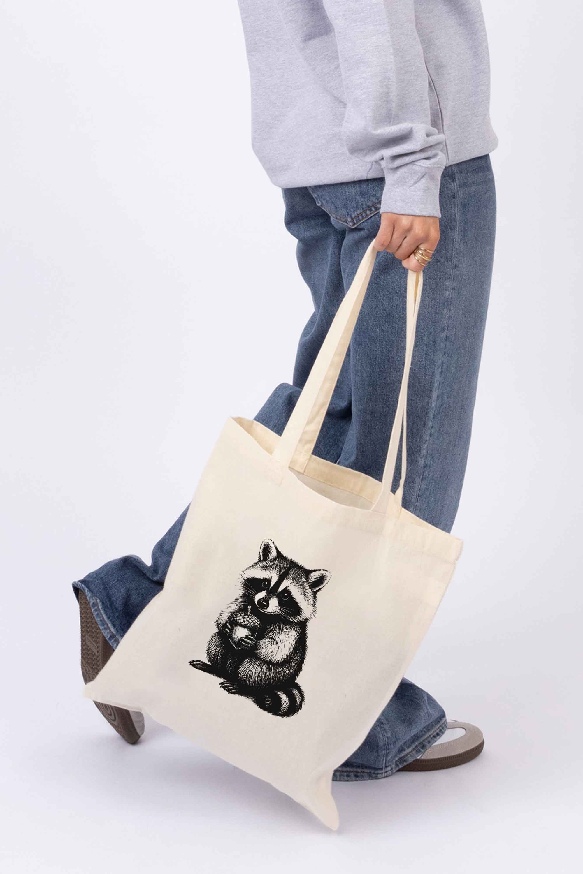 Raccoon Line Art Printed Cotton Tote Bag