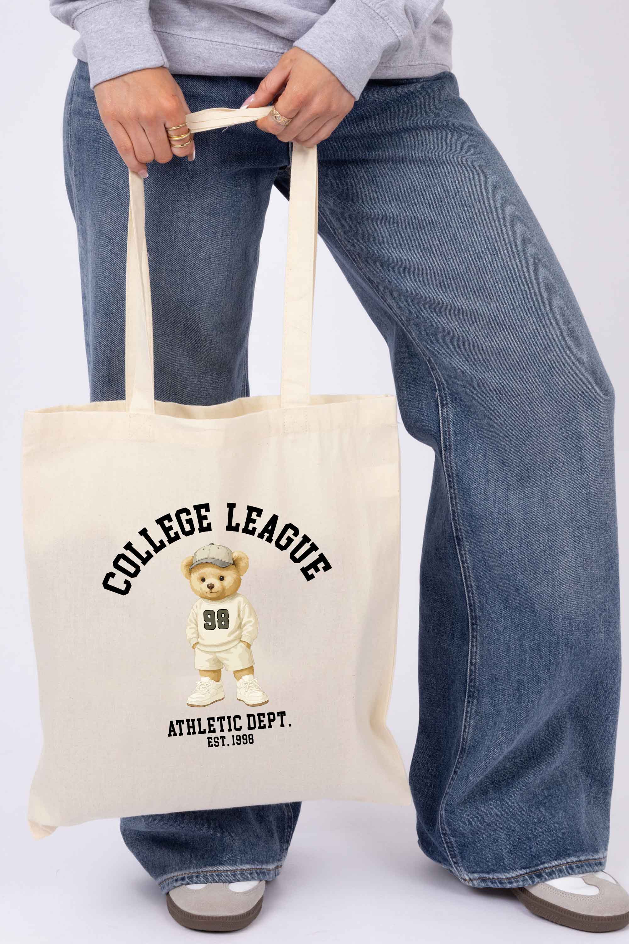 College League Teddy Athletic Printed Cotton Tote Bag