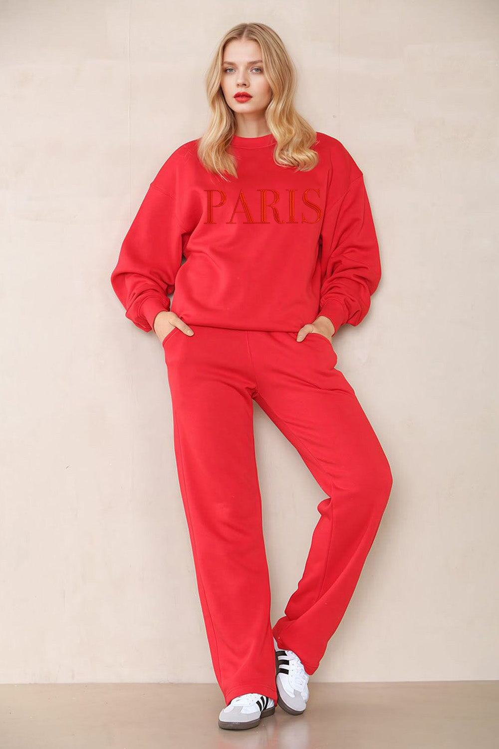 Paris Embroidered Sweat Co-Ords in Fire Red (Pack of 4)