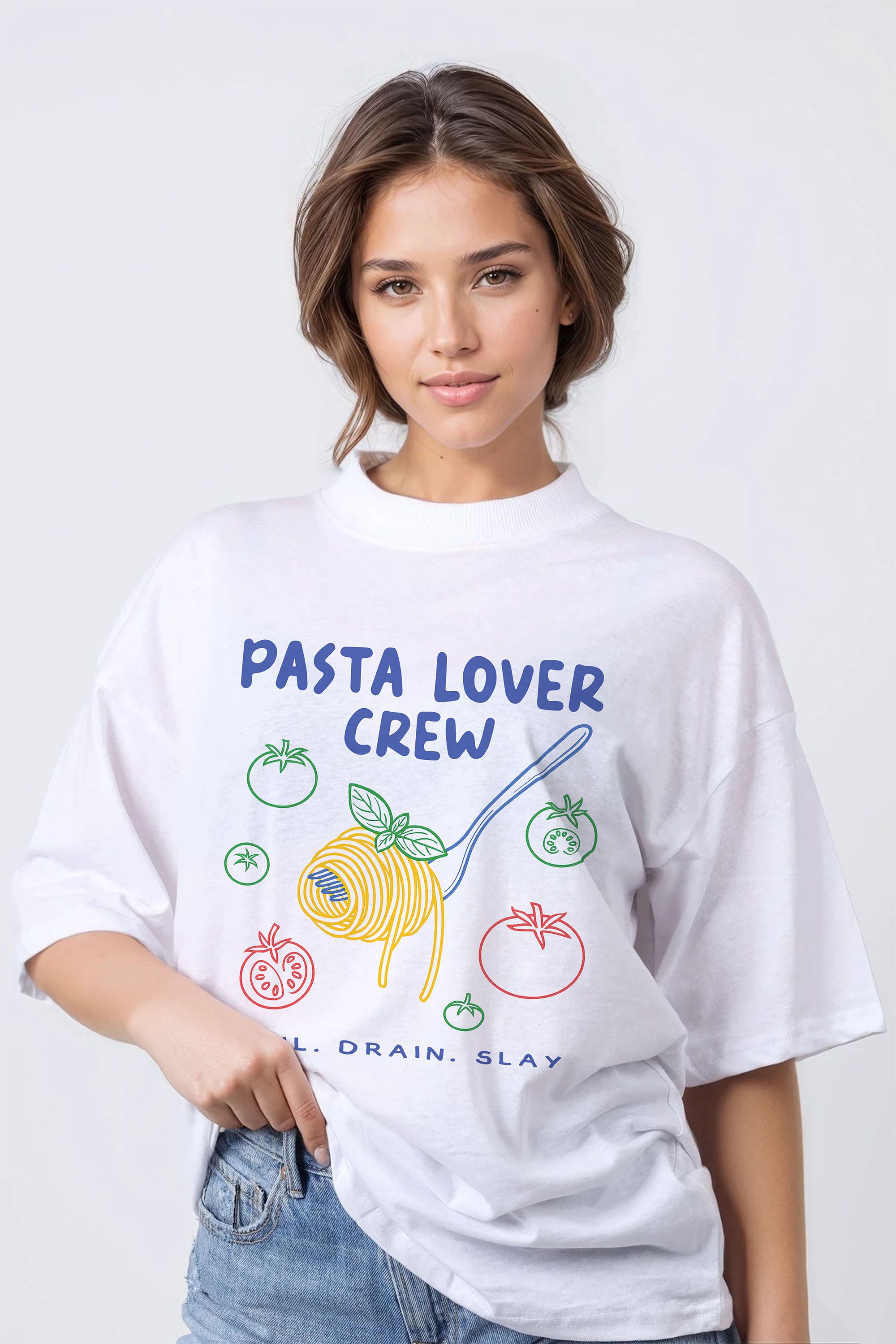 150GSM Oversized T-Shirts in Pasta Lover Crew Print