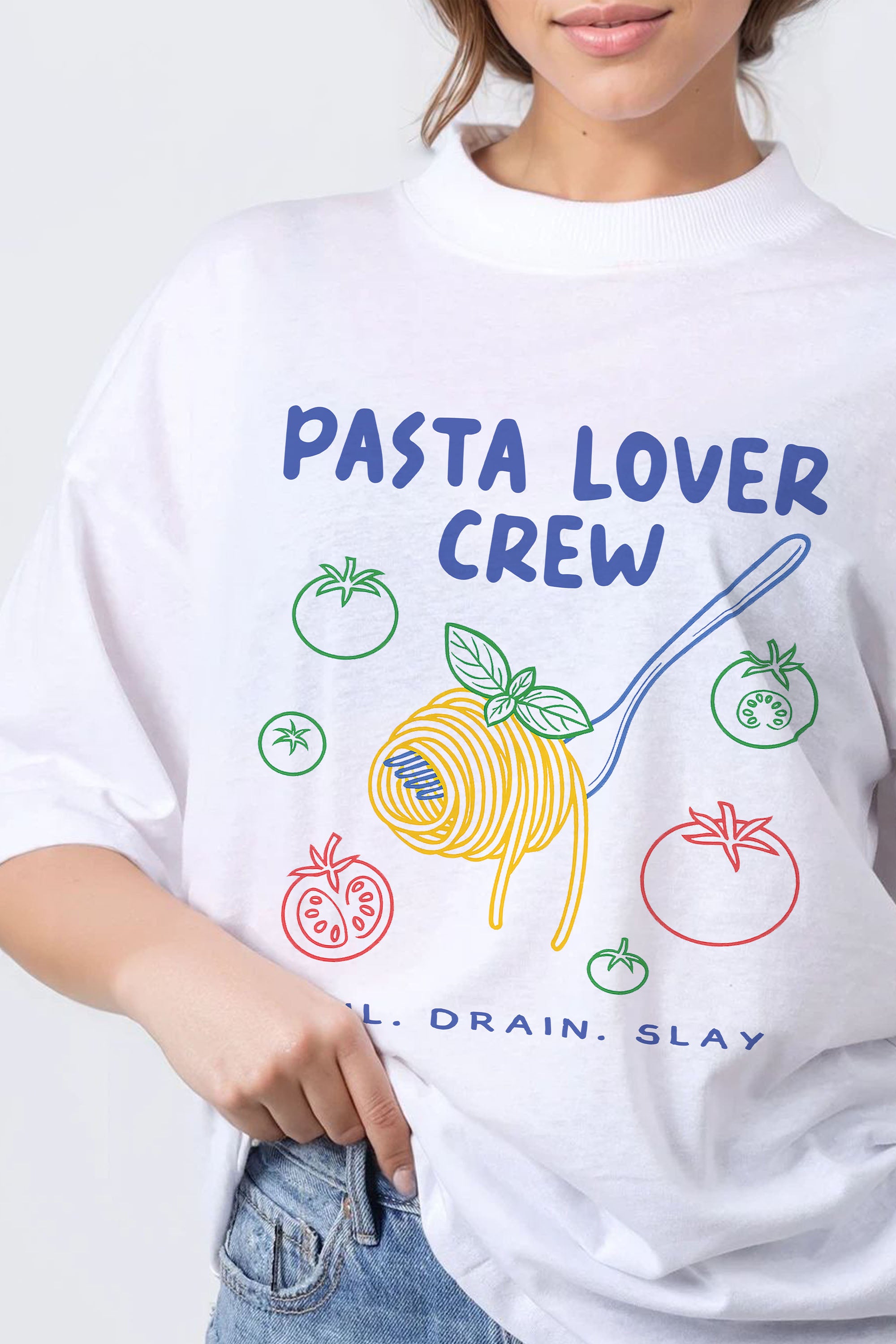 150GSM Oversized T-Shirts in Pasta Lover Crew Print