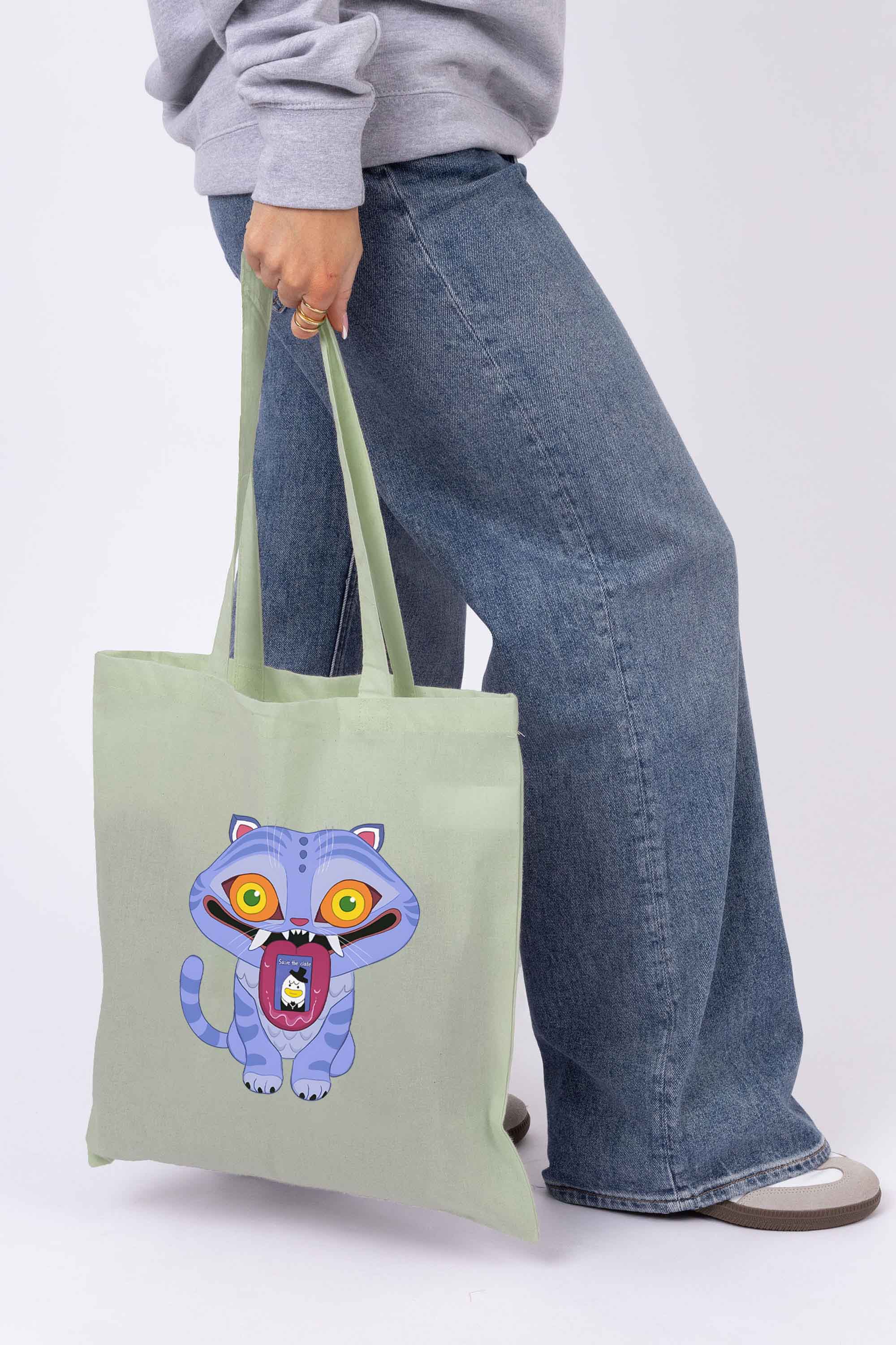K-Pop Derpy Demon Cat Graphic Printed Cotton Tote Bag