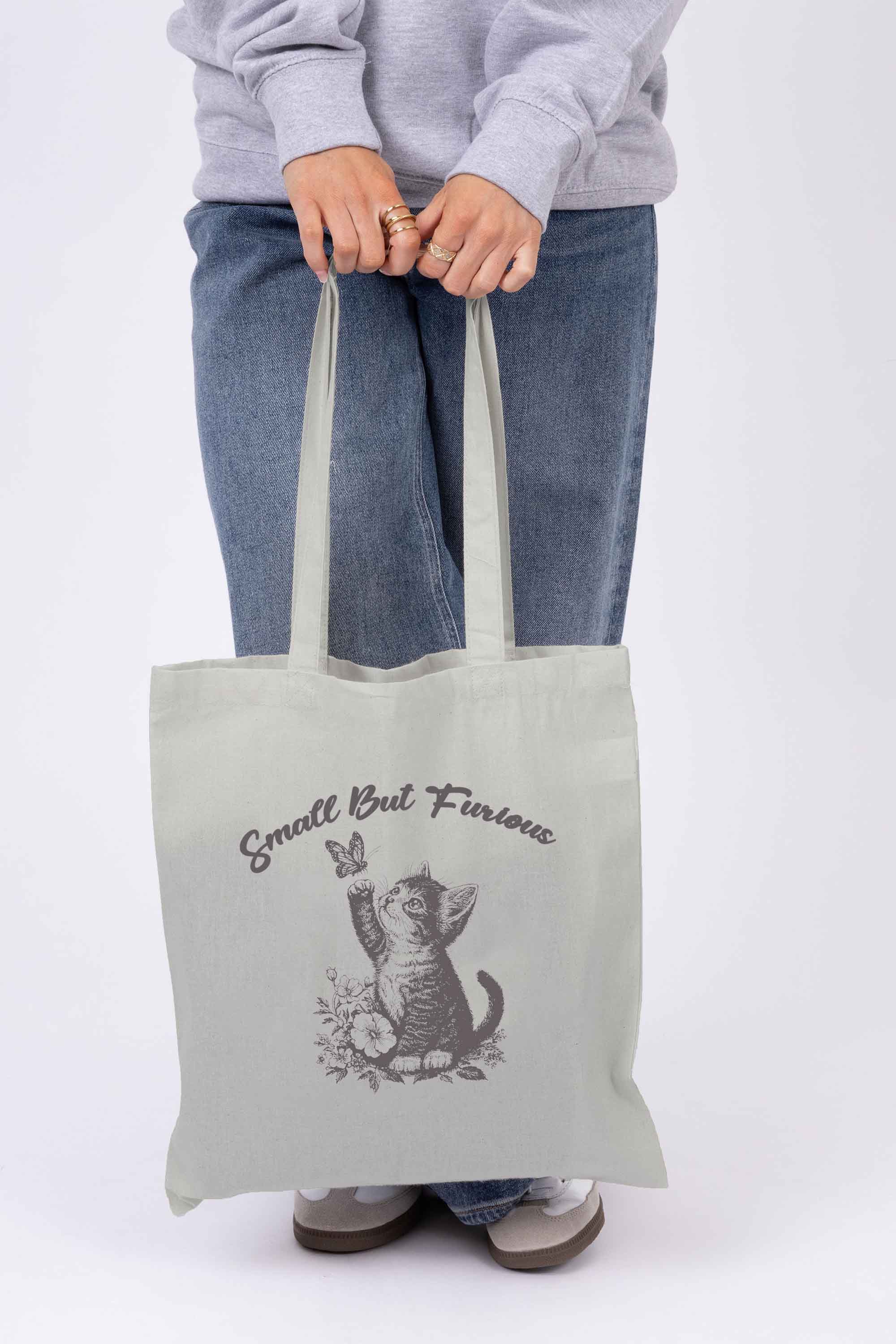 Small But Furious Cat Printed Cotton Tote Bag