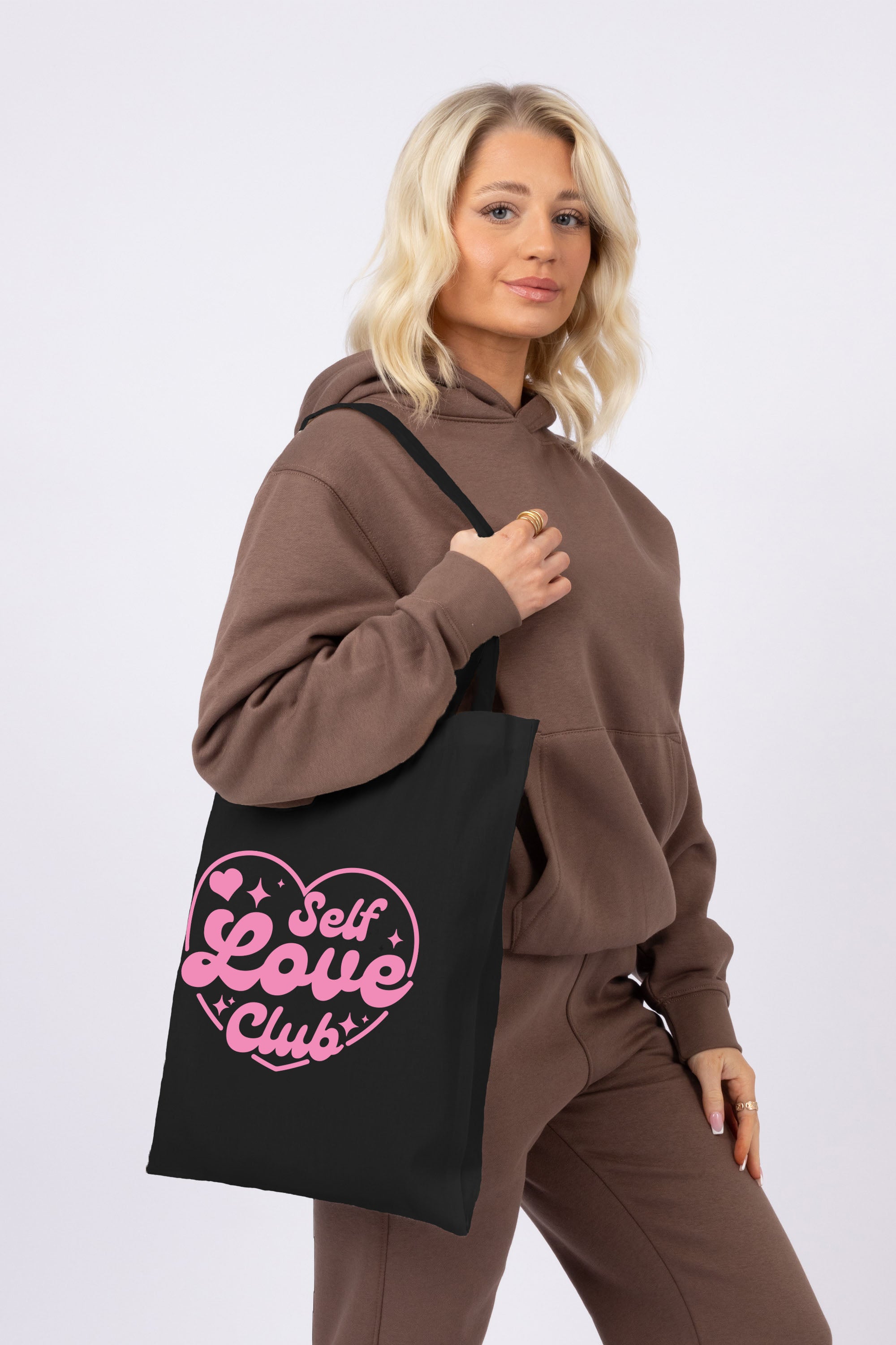 Self Love Club Heart Printed Cotton Long Handle Canvas Bag (Custom Pack)