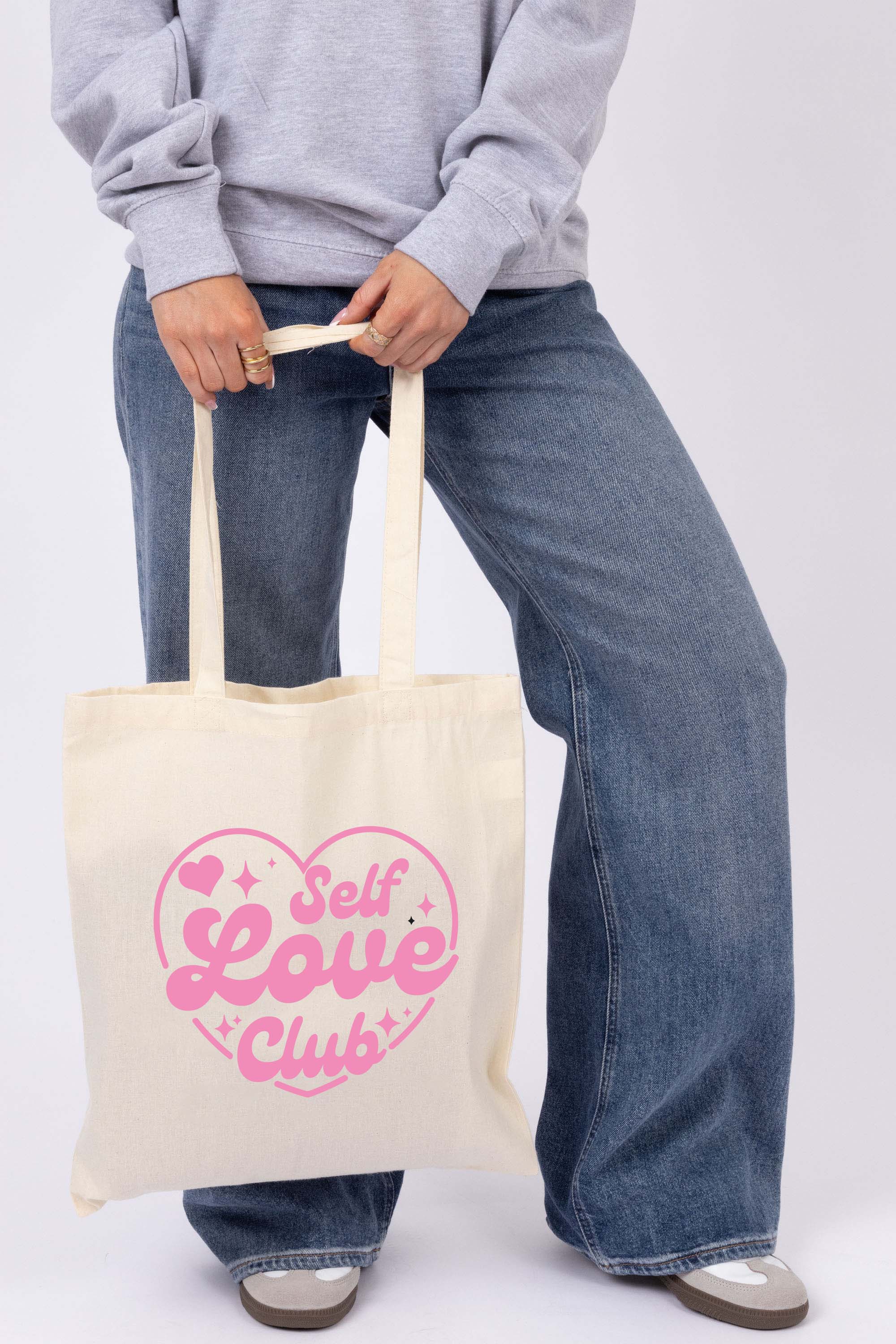 Self Love Club Heart Printed Cotton Long Handle Canvas Bag (Custom Pack)